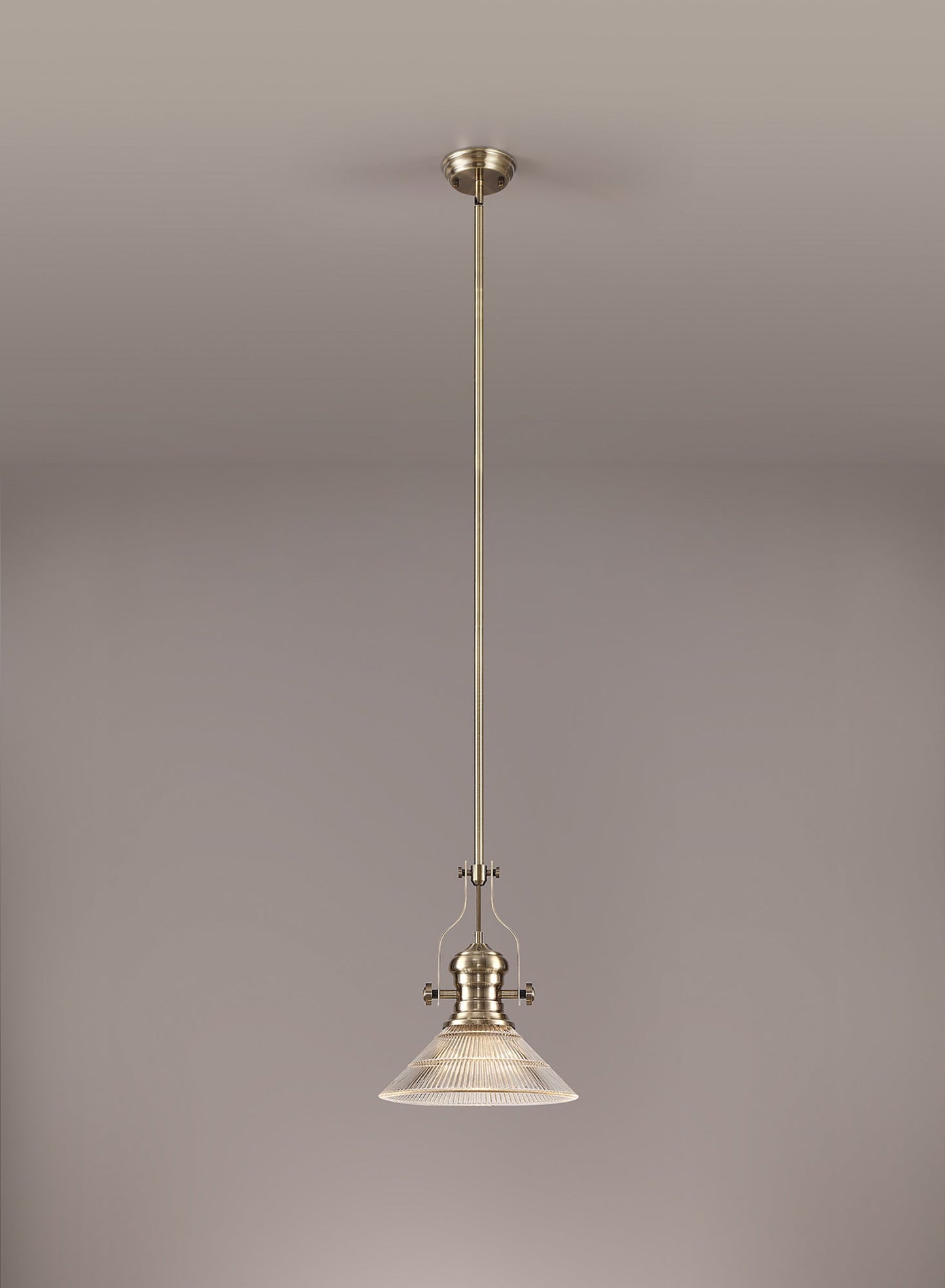 Stanley 1 Light Pendant E27 With 30cm Cone Glass Shade, Antique Brass and Clear