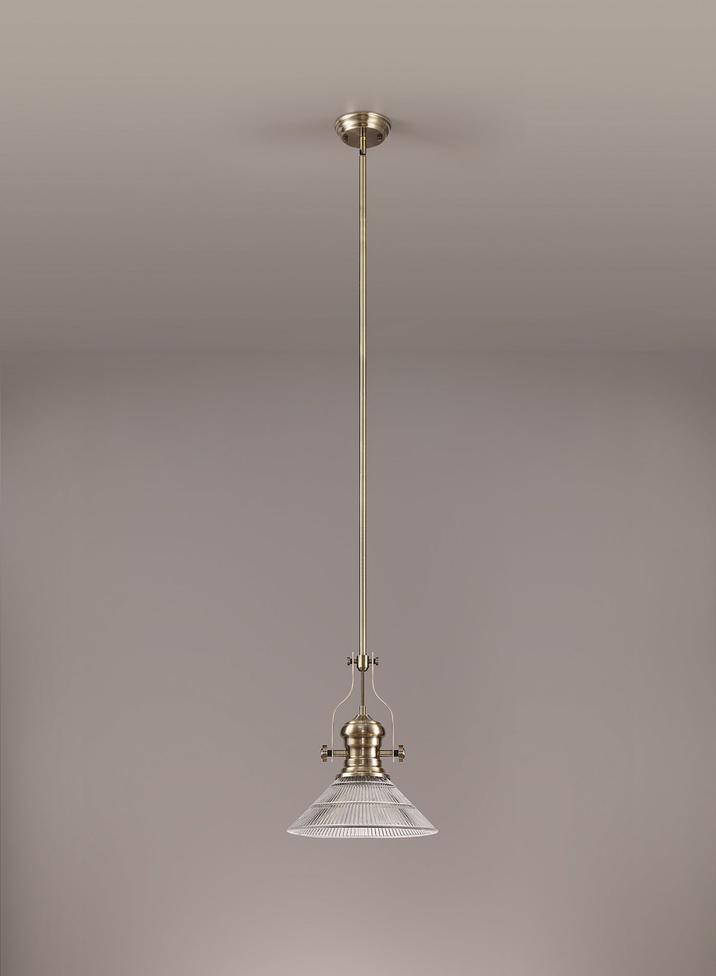 Stanley 1 Light Pendant E27 With 30cm Cone Glass Shade, Antique Brass and Clear