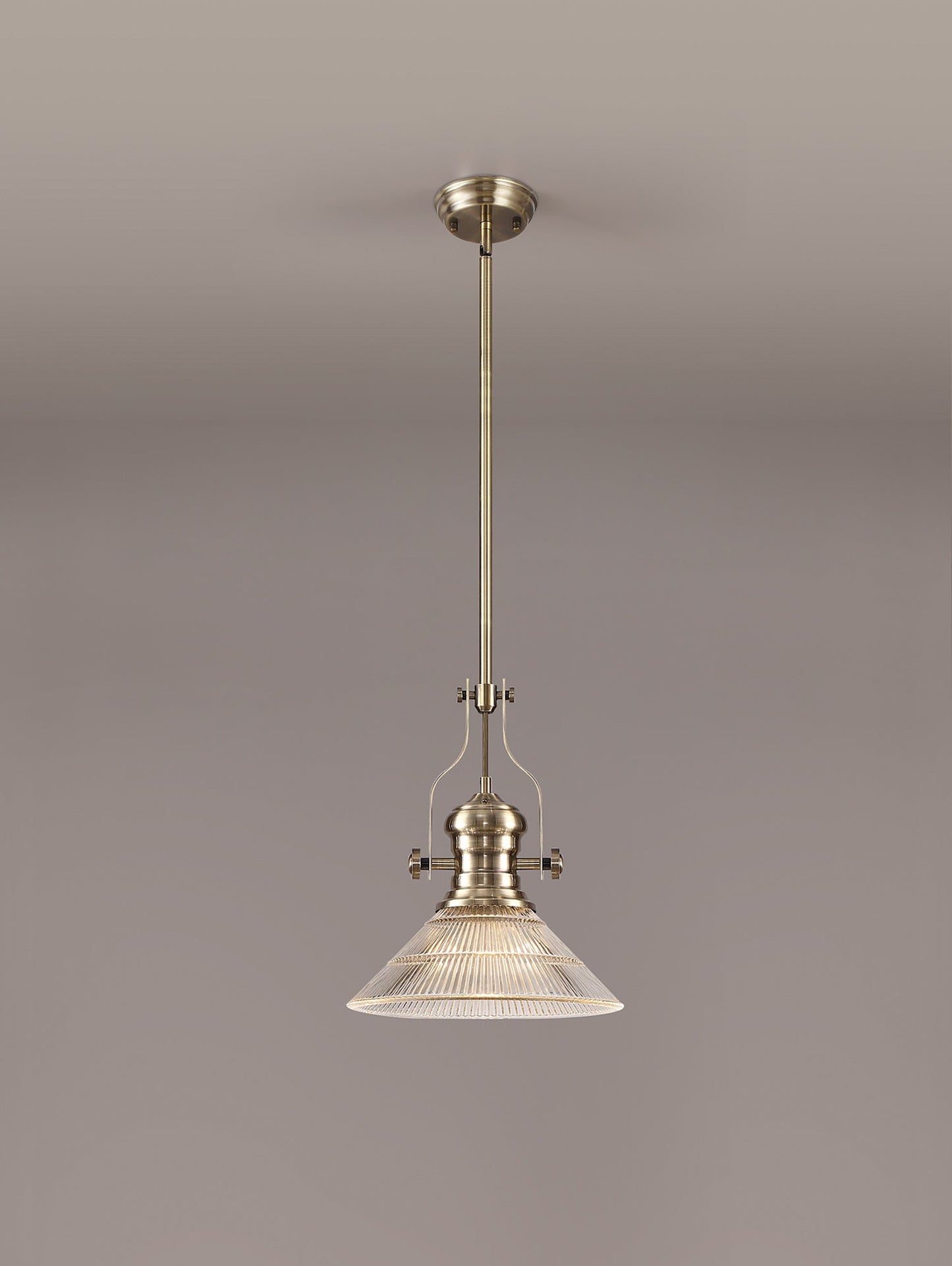 Stanley 1 Light Pendant E27 With 30cm Cone Glass Shade, Antique Brass and Clear
