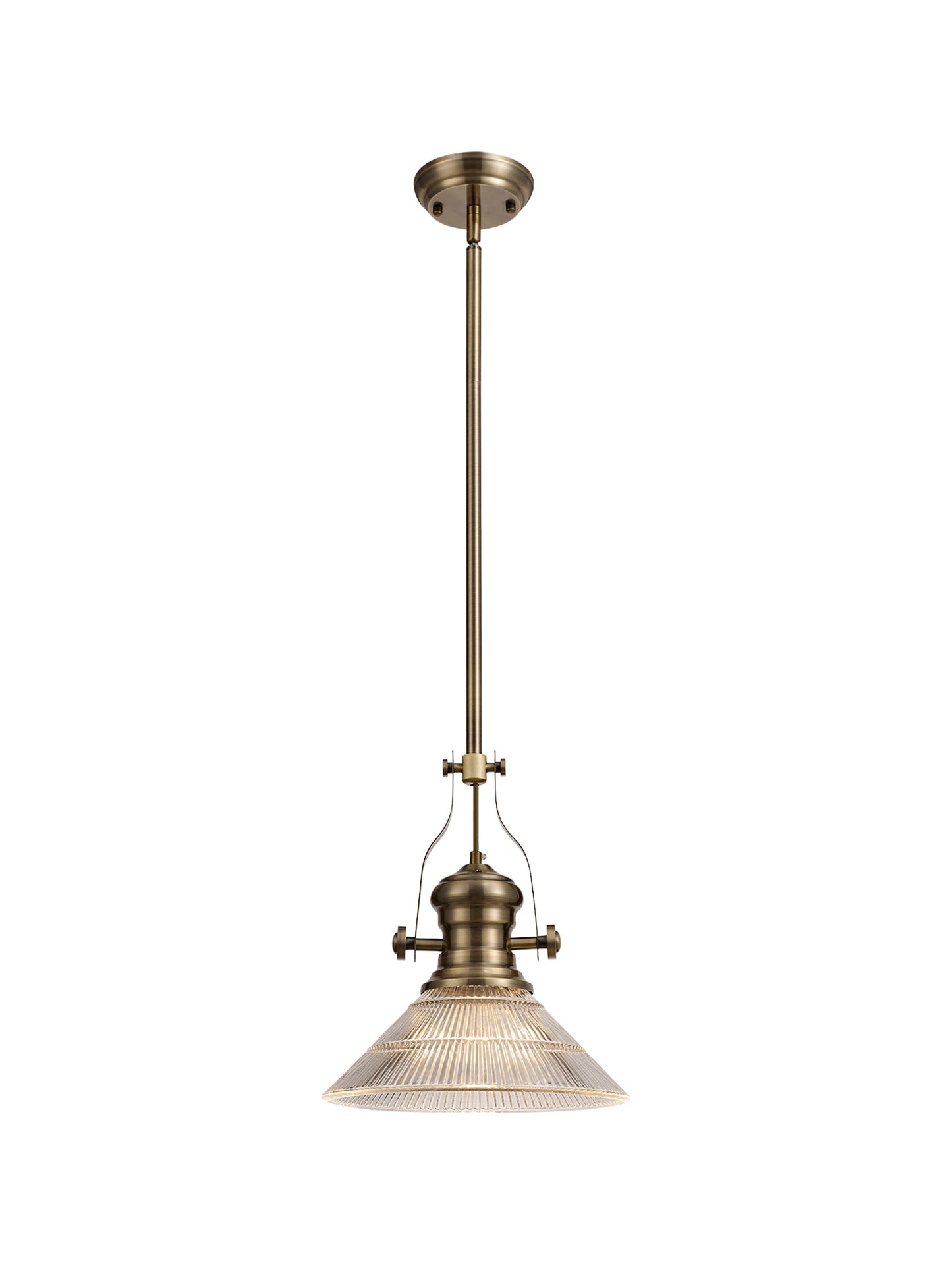 Stanley 1 Light Pendant E27 With 30cm Cone Glass Shade, Antique Brass and Clear