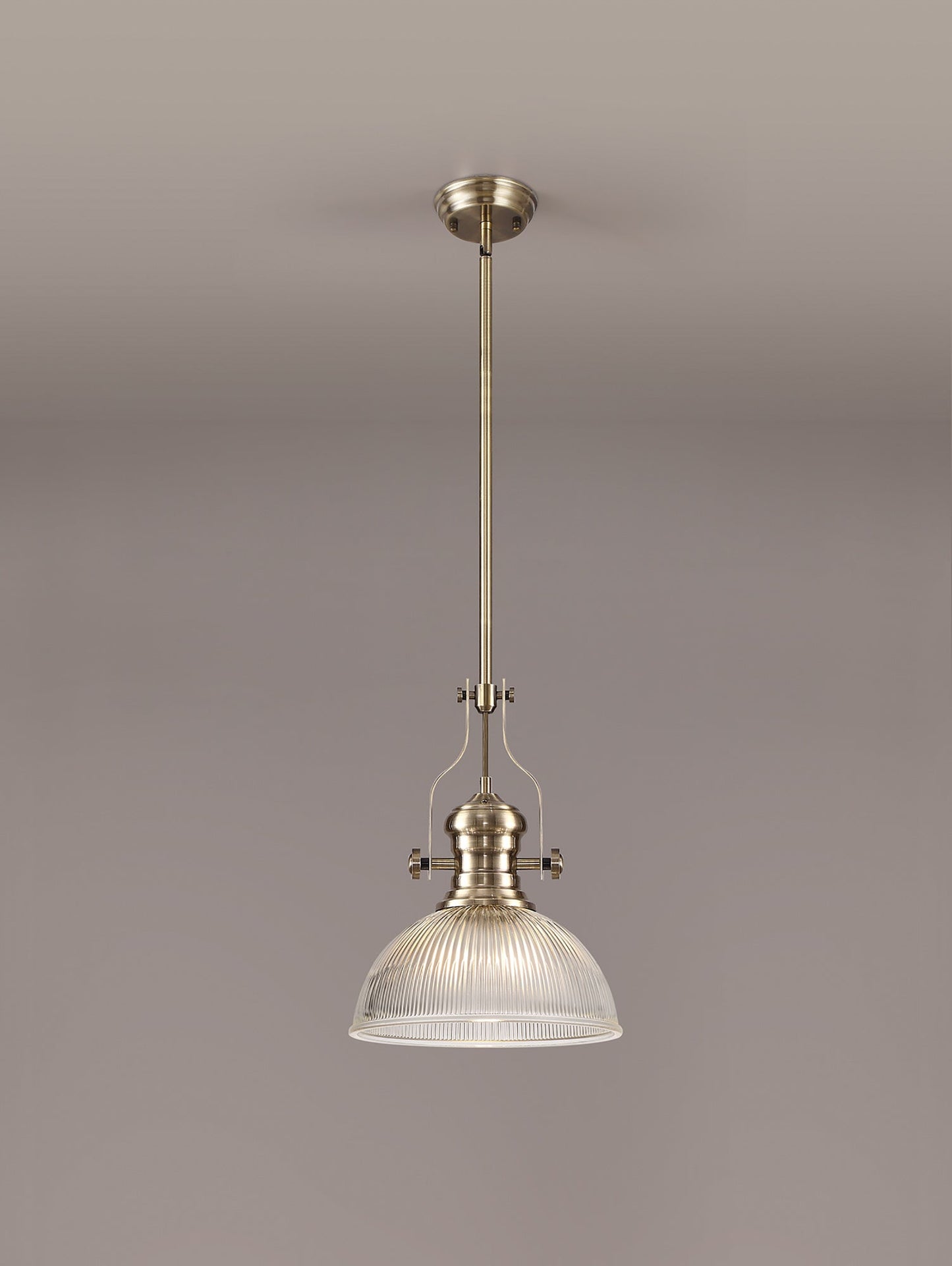 Stanley 1 Light Pendant E27 With 30cm Dome Glass Shade, Antique Brass and Clear