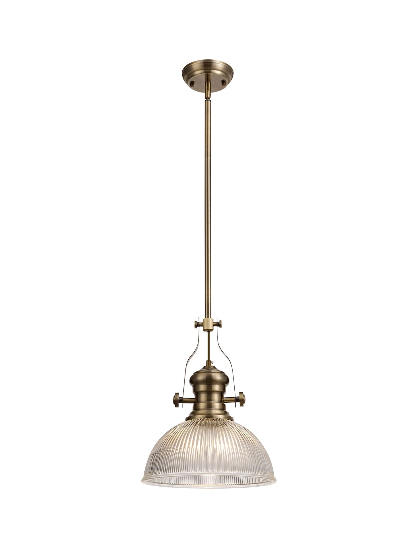 Stanley 1 Light Pendant E27 With 30cm Dome Glass Shade, Antique Brass and Clear