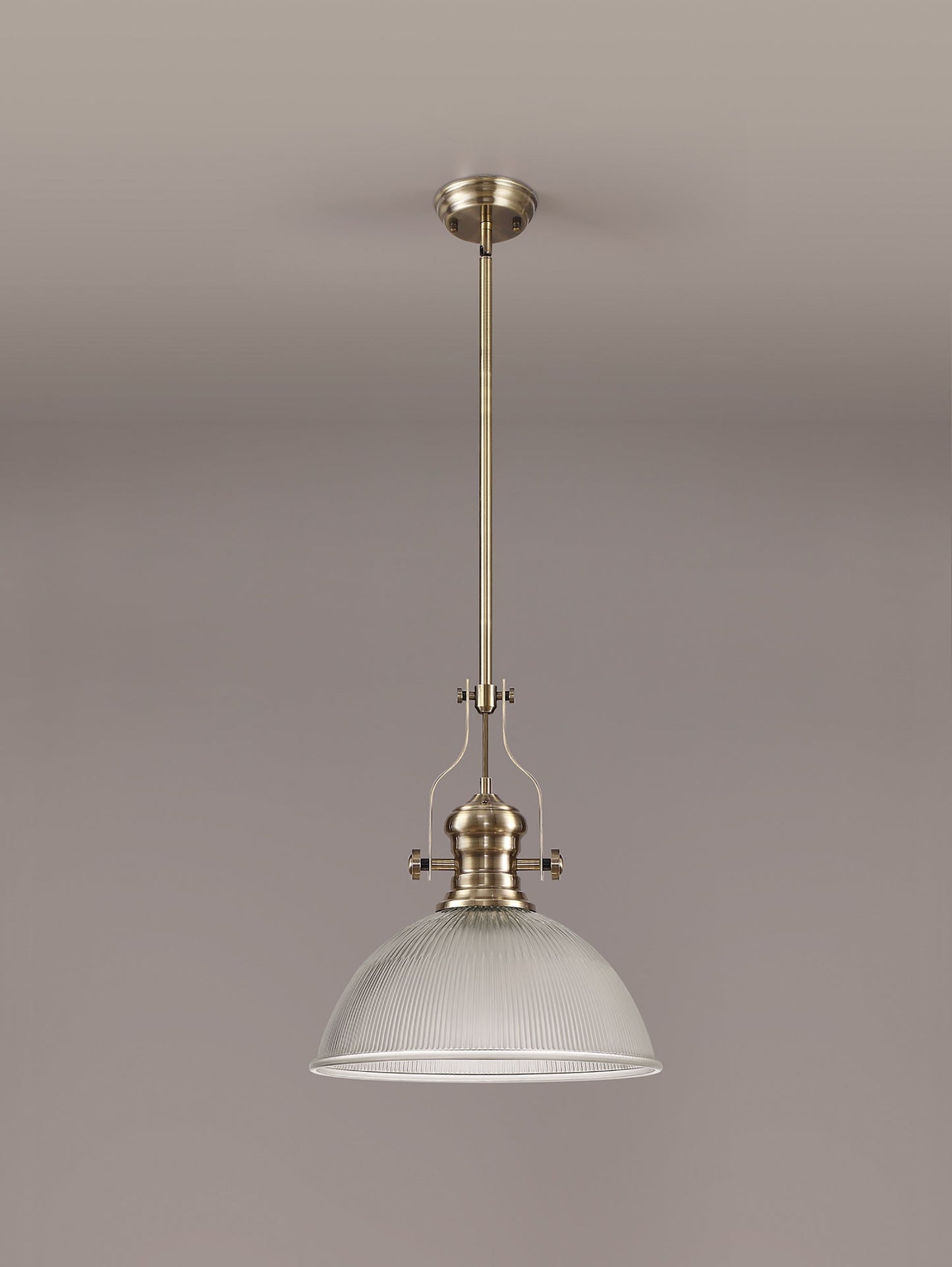 Stanley 1 Light Pendant E27 With 38cm Dome Glass Shade, Antique Brass and Clear