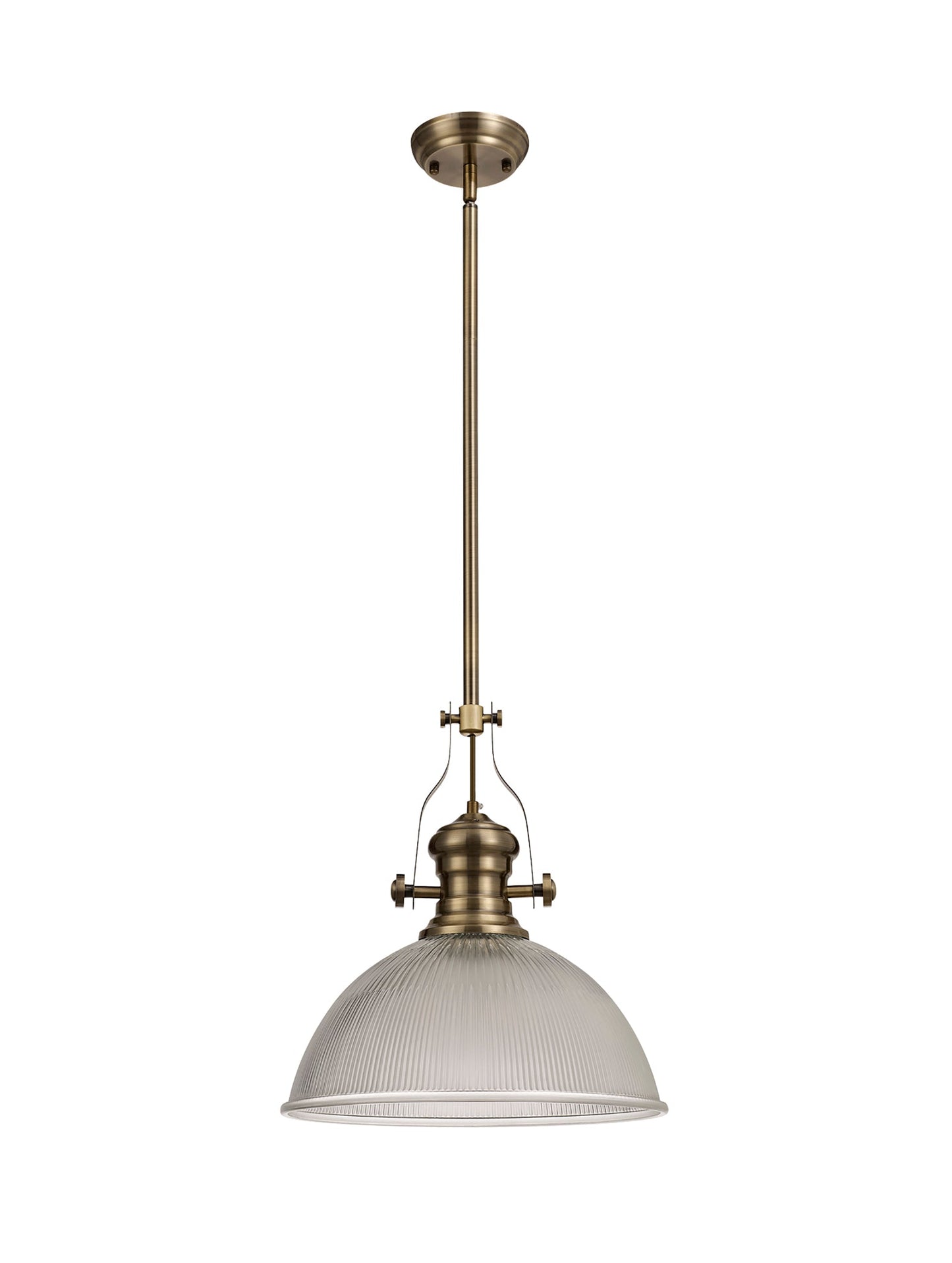 Stanley 1 Light Pendant E27 With 38cm Dome Glass Shade, Antique Brass and Clear