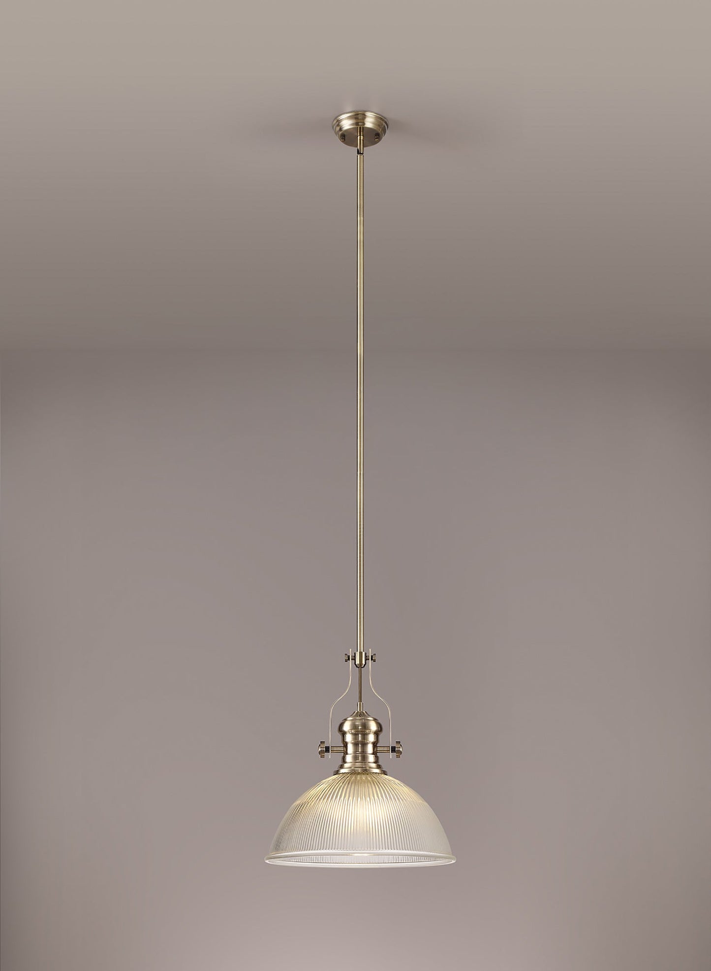 Stanley 1 Light Pendant E27 With 38cm Dome Glass Shade, Antique Brass and Clear