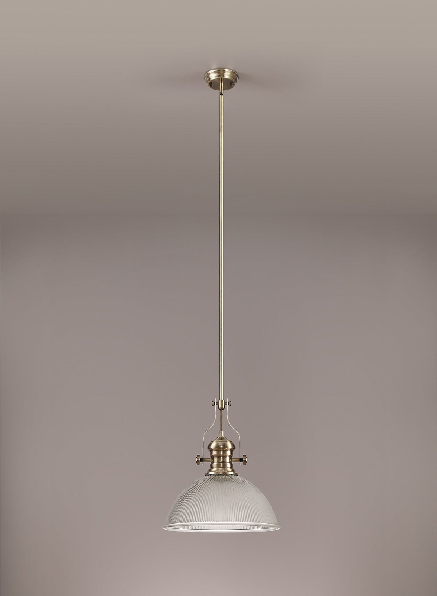 Stanley 1 Light Pendant E27 With 38cm Dome Glass Shade, Antique Brass and Clear