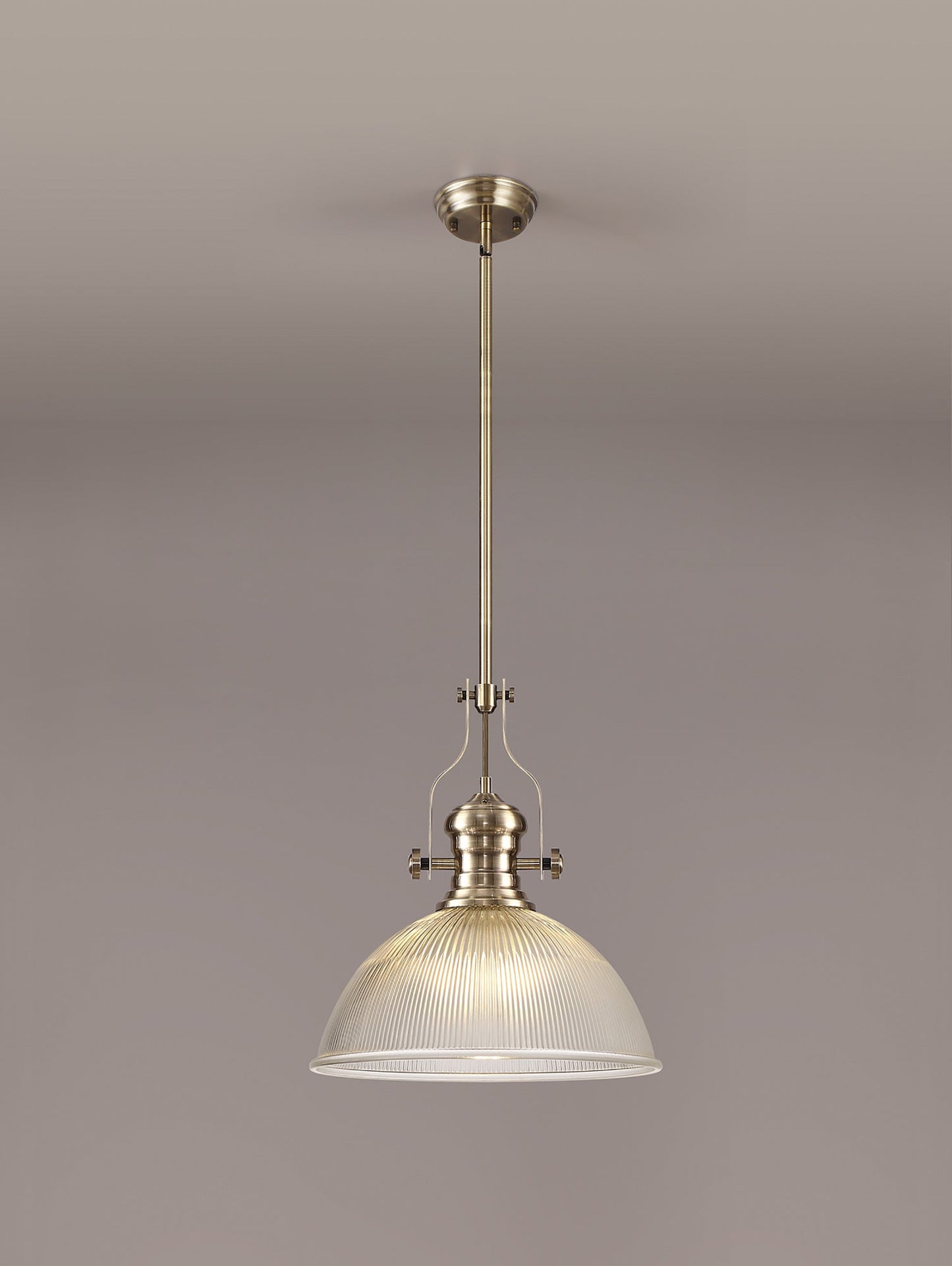 Stanley 1 Light Pendant E27 With 38cm Dome Glass Shade, Antique Brass and Clear