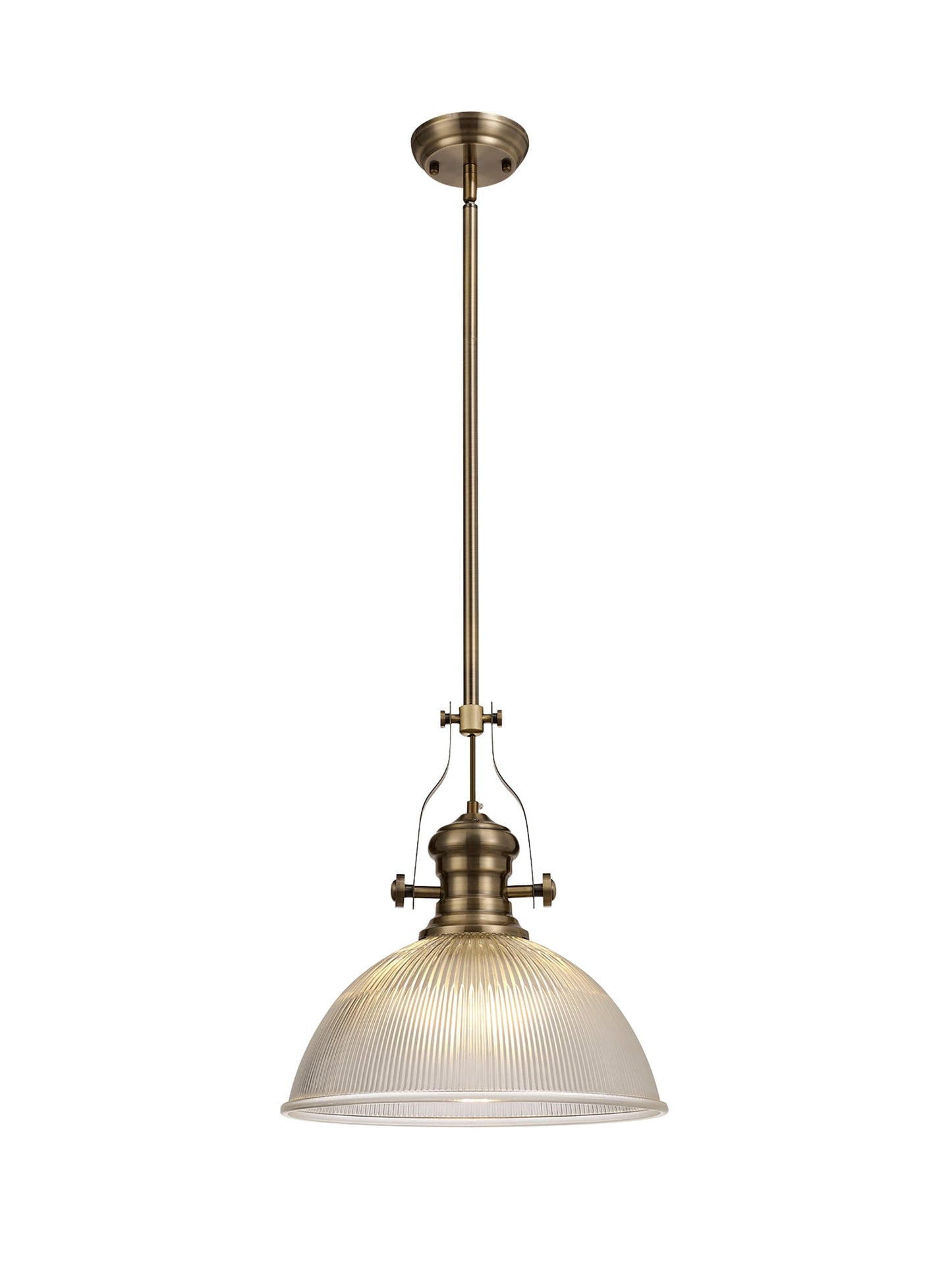 Stanley 1 Light Pendant E27 With 38cm Dome Glass Shade, Antique Brass and Clear