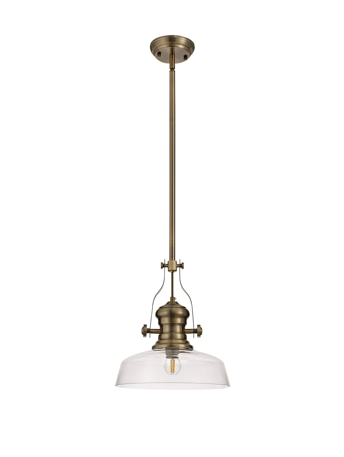 Stanley 1 Light Pendant E27 With 30cm Flat Round Glass Shade, Antique Brass and Clear