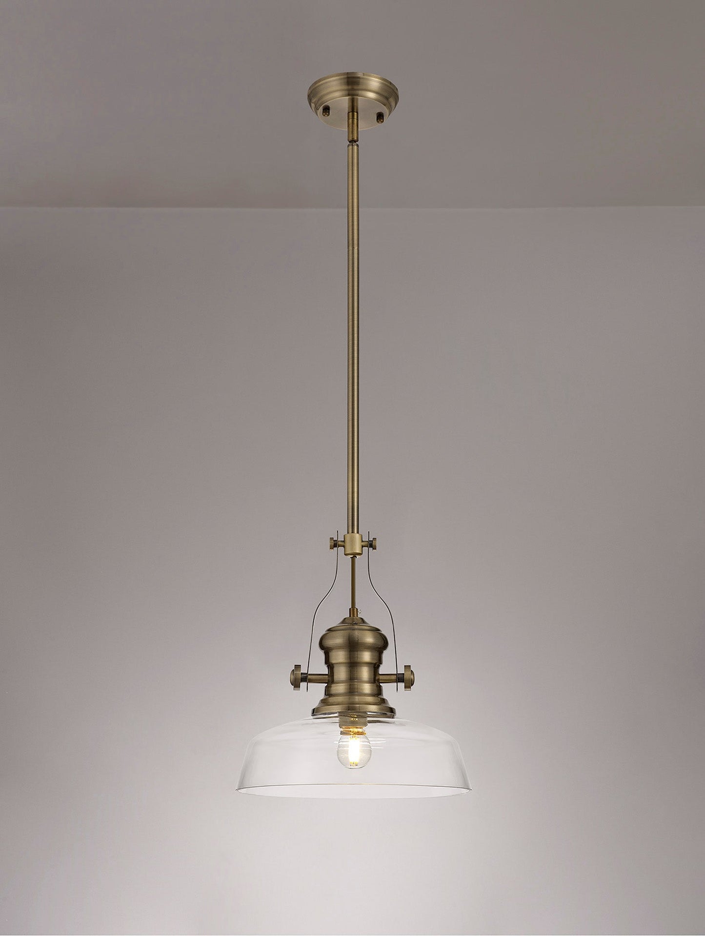 Stanley 1 Light Pendant E27 With 30cm Flat Round Glass Shade, Antique Brass and Clear