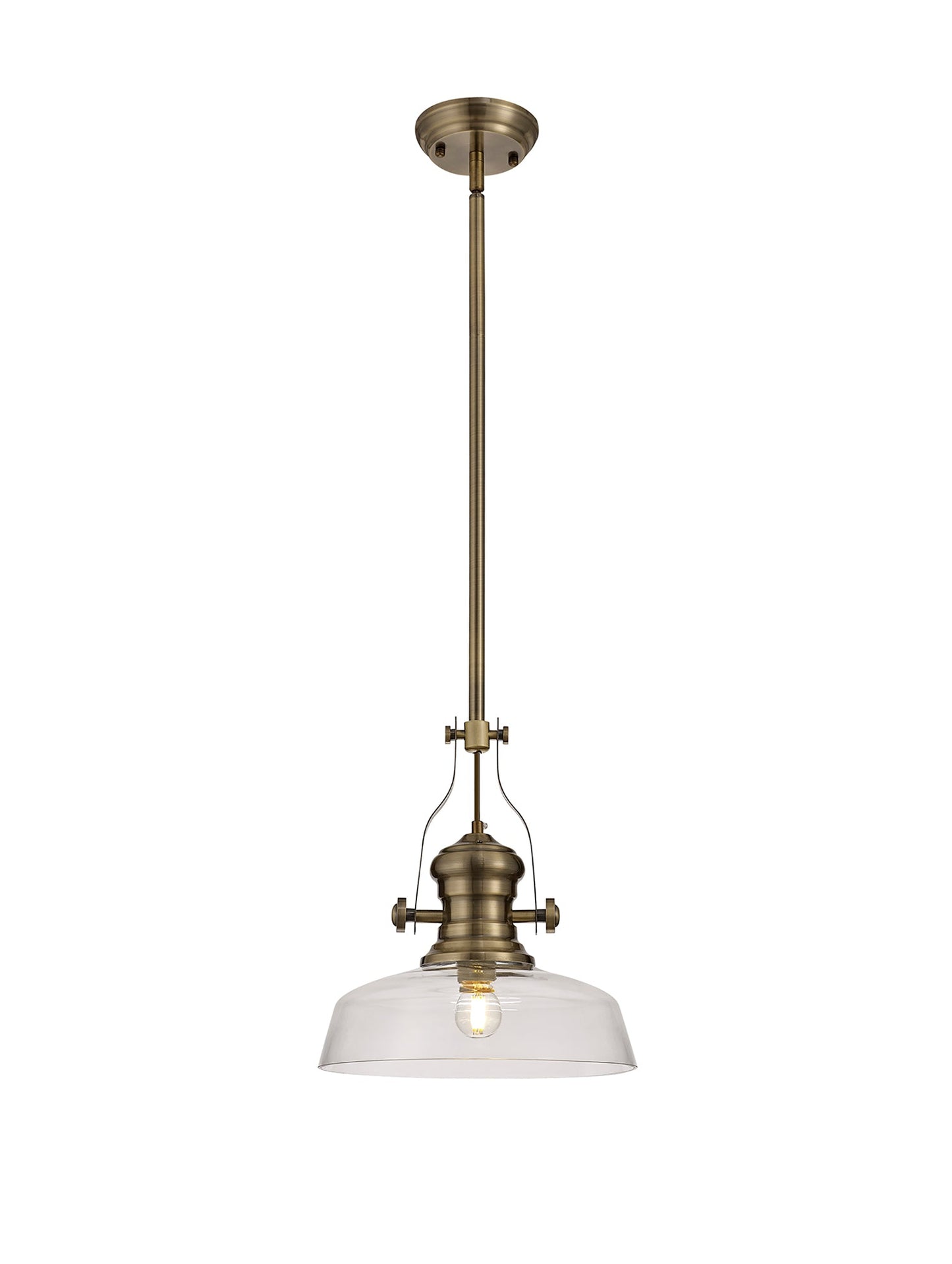 Stanley 1 Light Pendant E27 With 30cm Flat Round Glass Shade, Antique Brass and Clear
