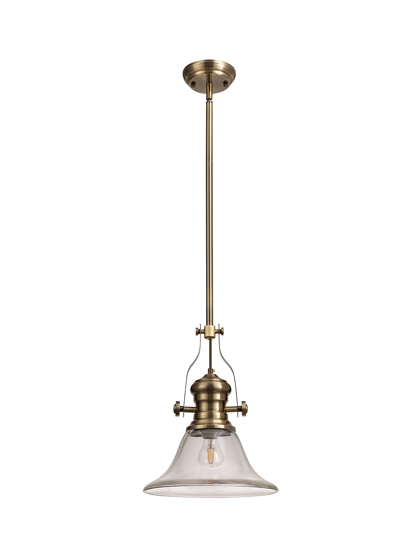 Stanley 1 Light Pendant E27 With 30cm Smooth Bell Glass Shade, Antique Brass and Clear