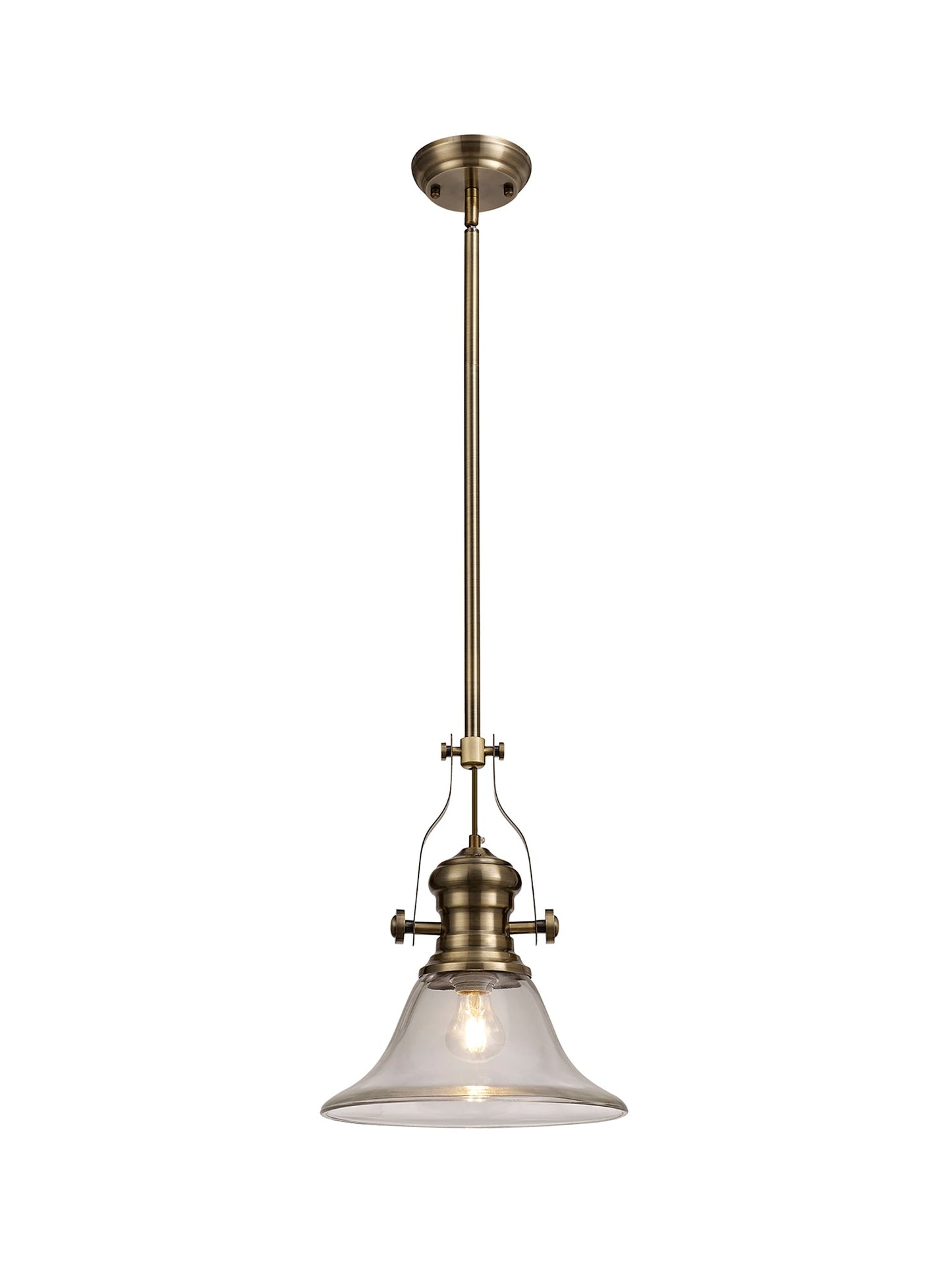 Stanley 1 Light Pendant E27 With 30cm Smooth Bell Glass Shade, Antique Brass and Clear