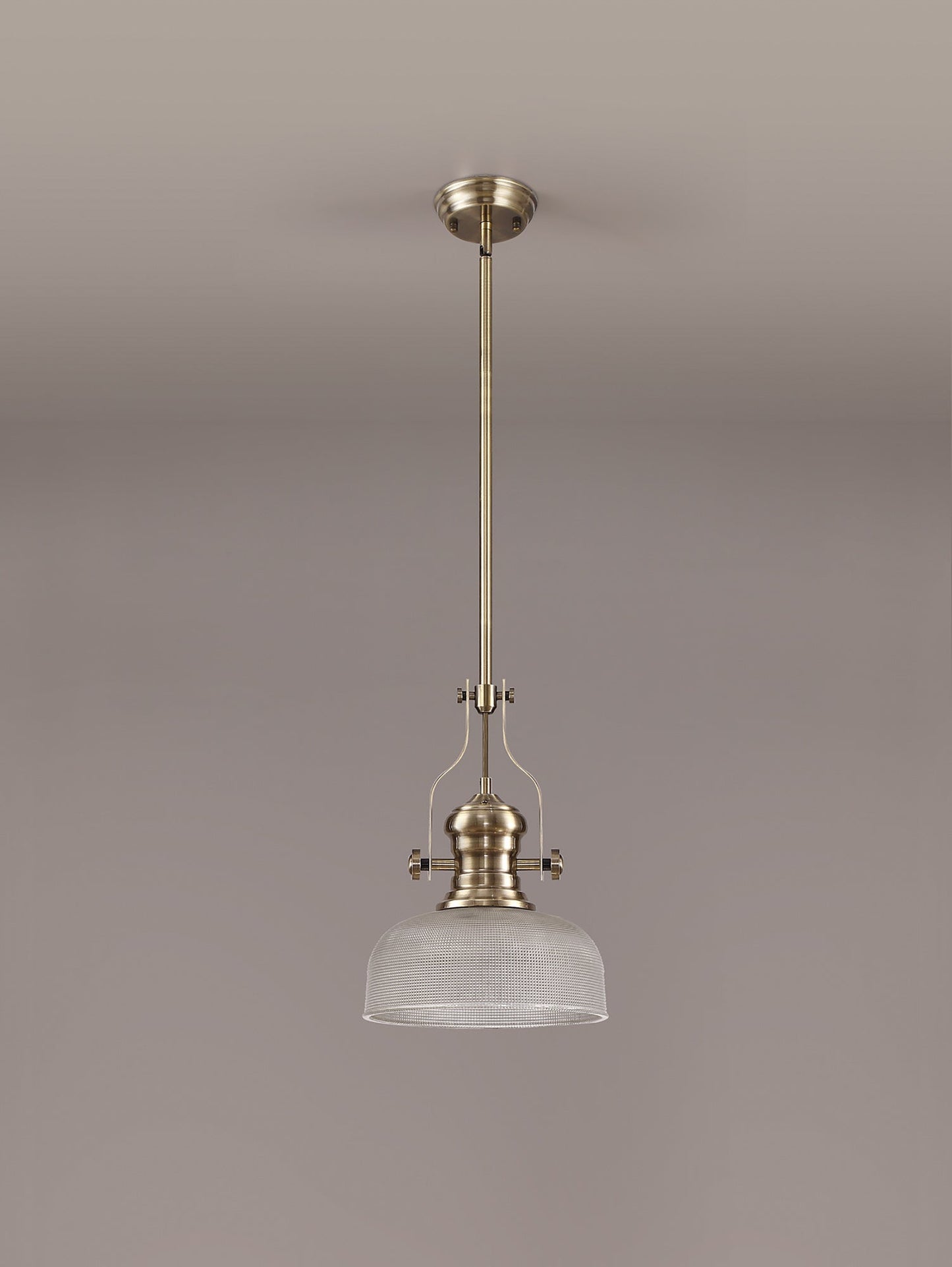 Stanley 1 Light Pendant E27 With 26.5cm Prismatic Glass Shade, Antique Brass and Clear