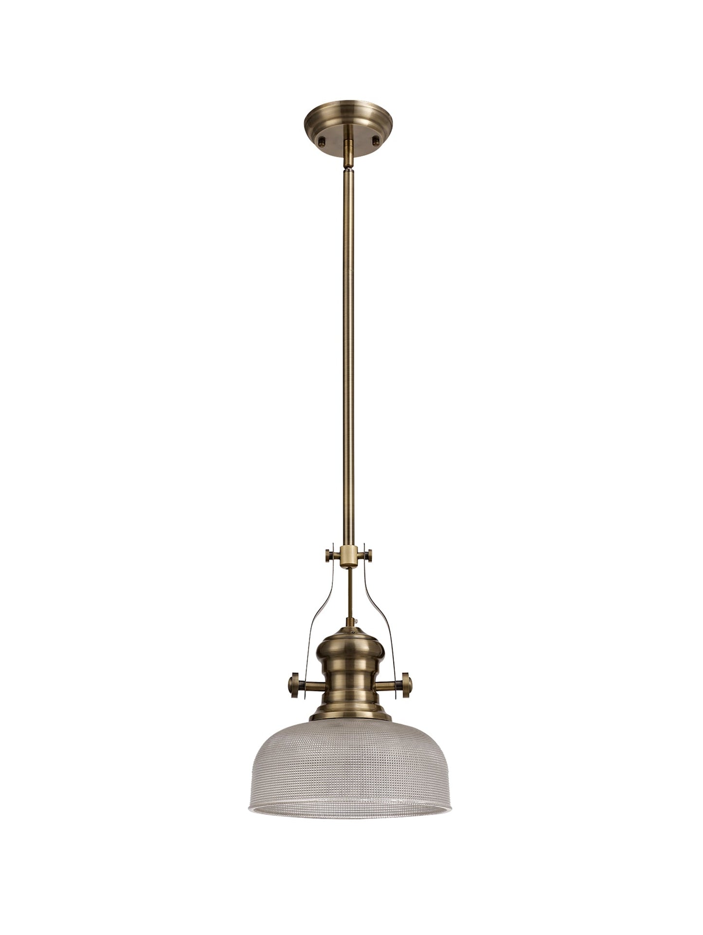 Stanley 1 Light Pendant E27 With 26.5cm Prismatic Glass Shade, Antique Brass and Clear