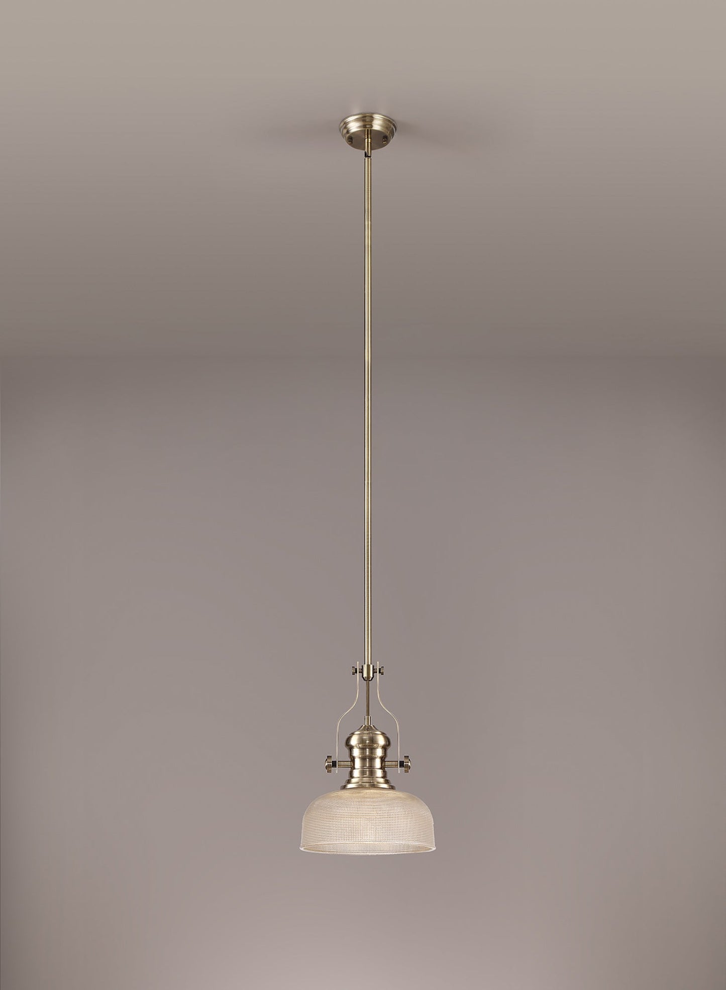 Stanley 1 Light Pendant E27 With 26.5cm Prismatic Glass Shade, Antique Brass and Clear