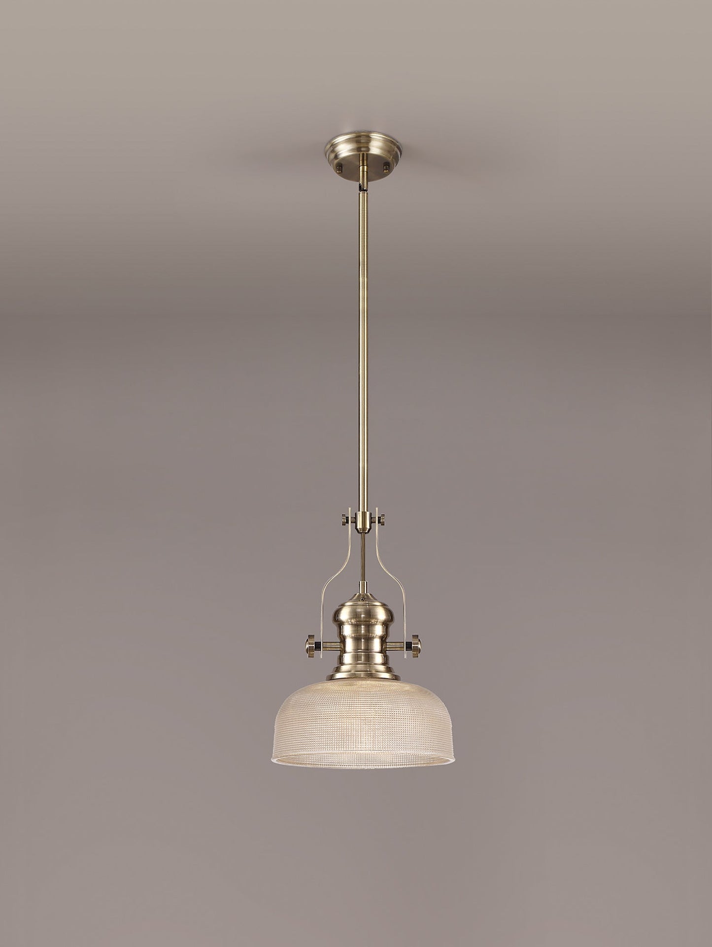 Stanley 1 Light Pendant E27 With 26.5cm Prismatic Glass Shade, Antique Brass and Clear
