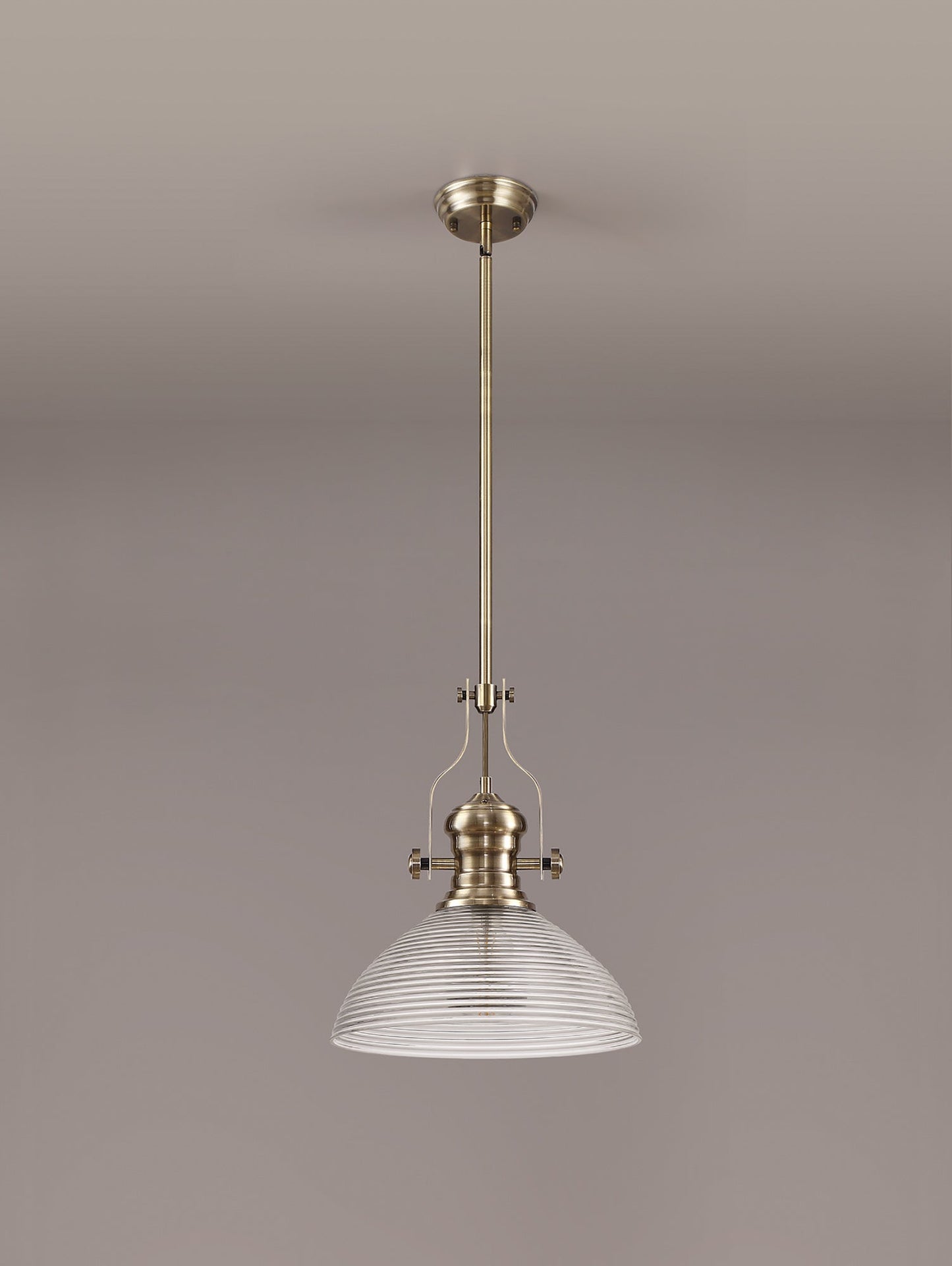 Stanley 1 Light Pendant E27 With 33.5cm Prismatic Glass Shade, Antique Brass and Clear