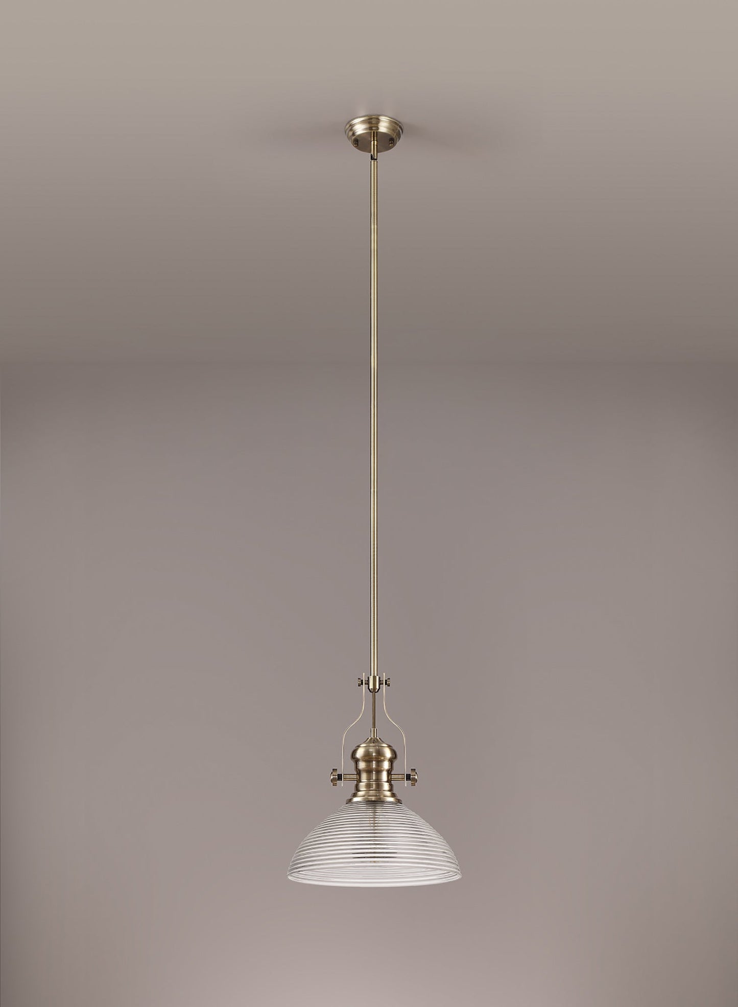 Stanley 1 Light Pendant E27 With 33.5cm Prismatic Glass Shade, Antique Brass and Clear