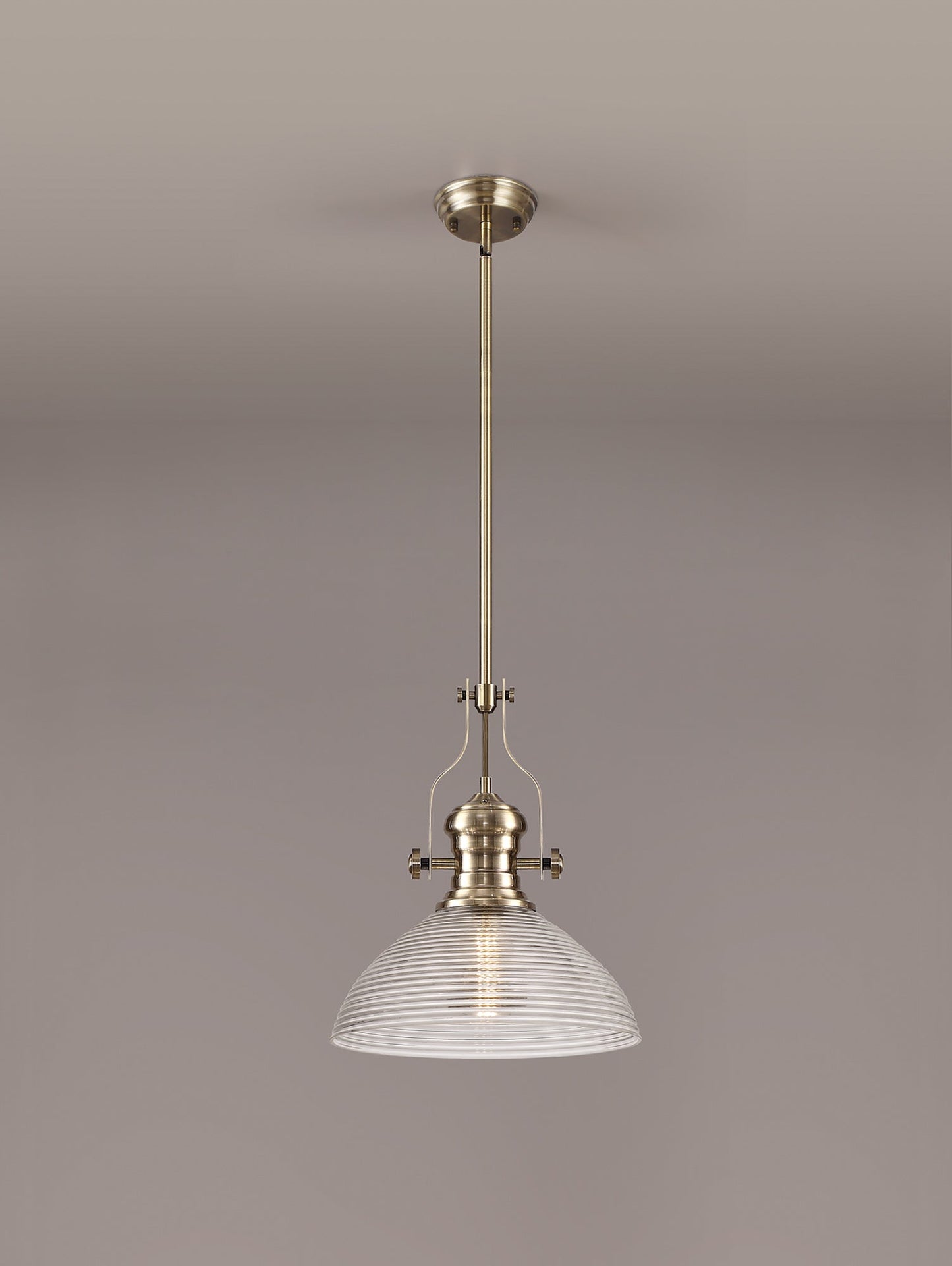 Stanley 1 Light Pendant E27 With 33.5cm Prismatic Glass Shade, Antique Brass and Clear