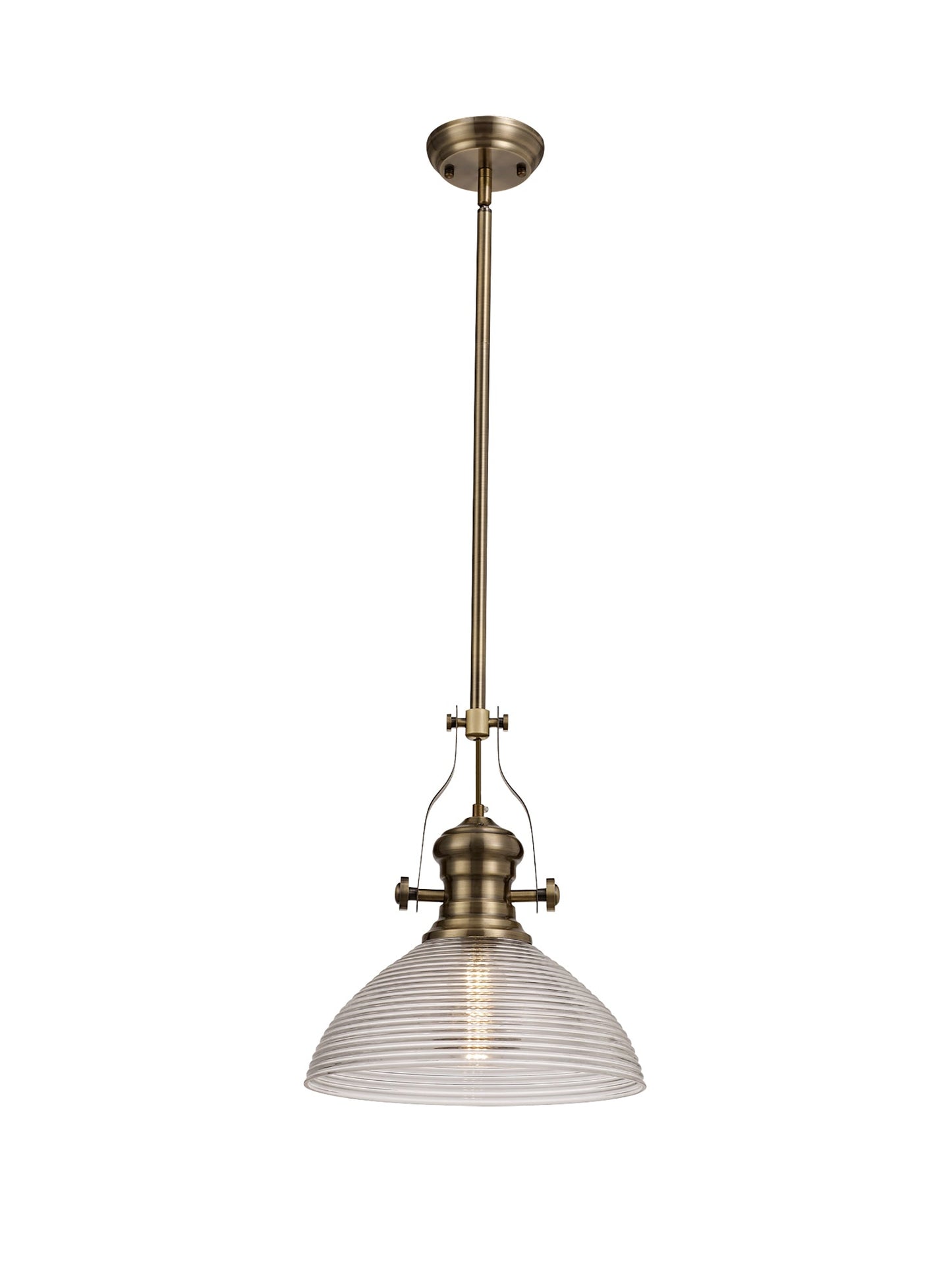 Stanley 1 Light Pendant E27 With 33.5cm Prismatic Glass Shade, Antique Brass and Clear