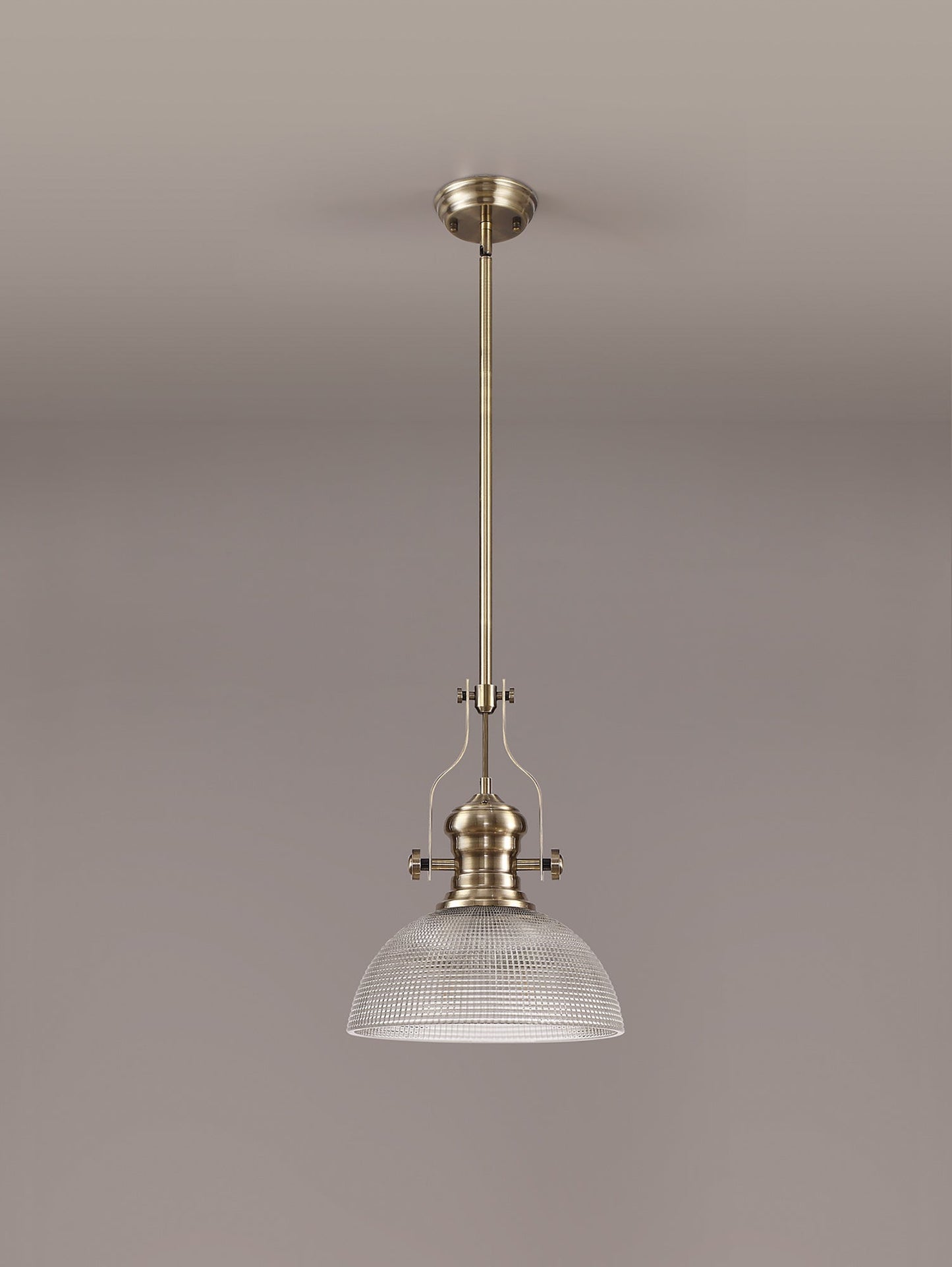 Stanley 1 Light Pendant E27 With 30cm Prismatic Glass Shade, Antique Brass and Clear