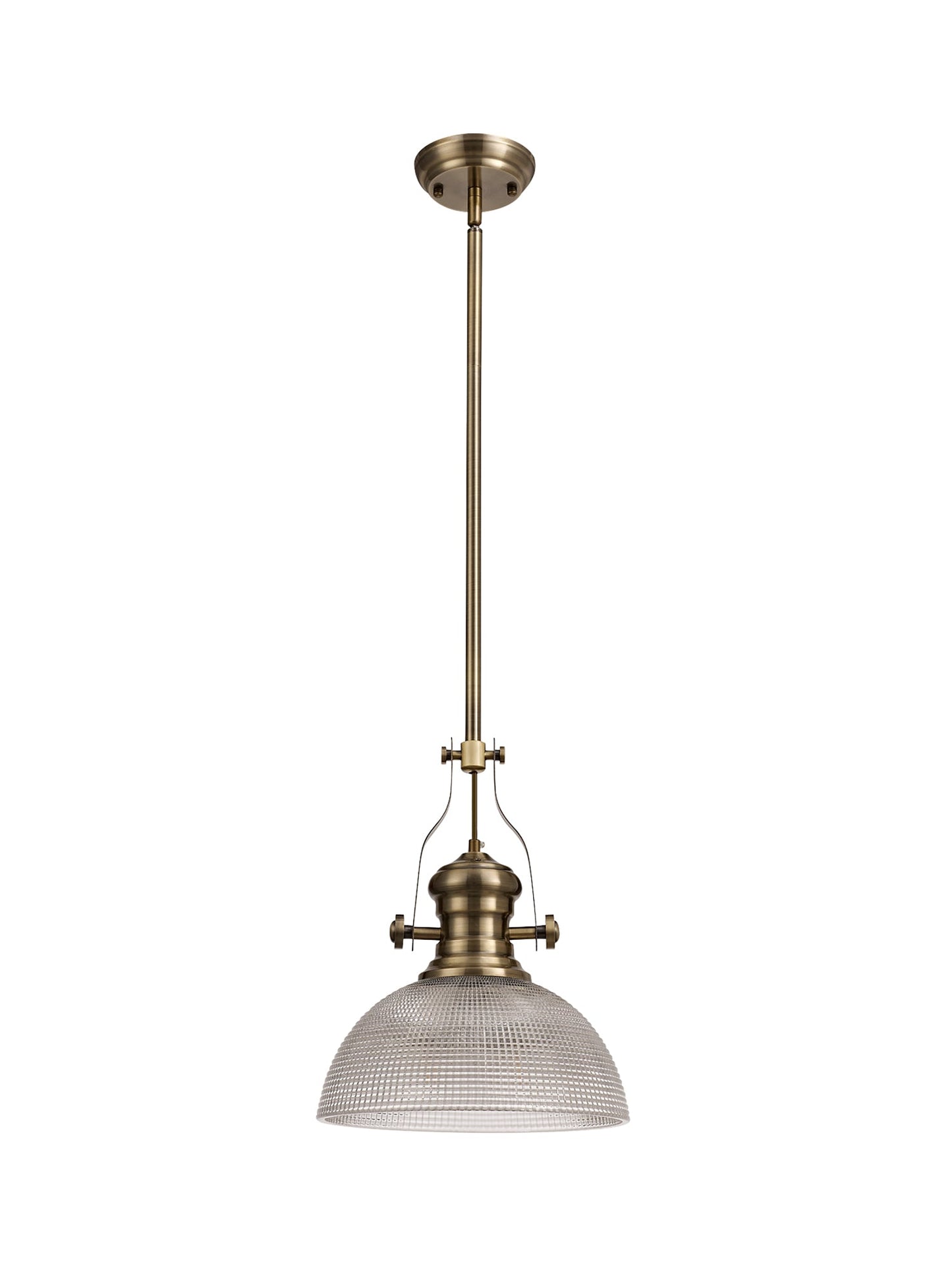 Stanley 1 Light Pendant E27 With 30cm Prismatic Glass Shade, Antique Brass and Clear