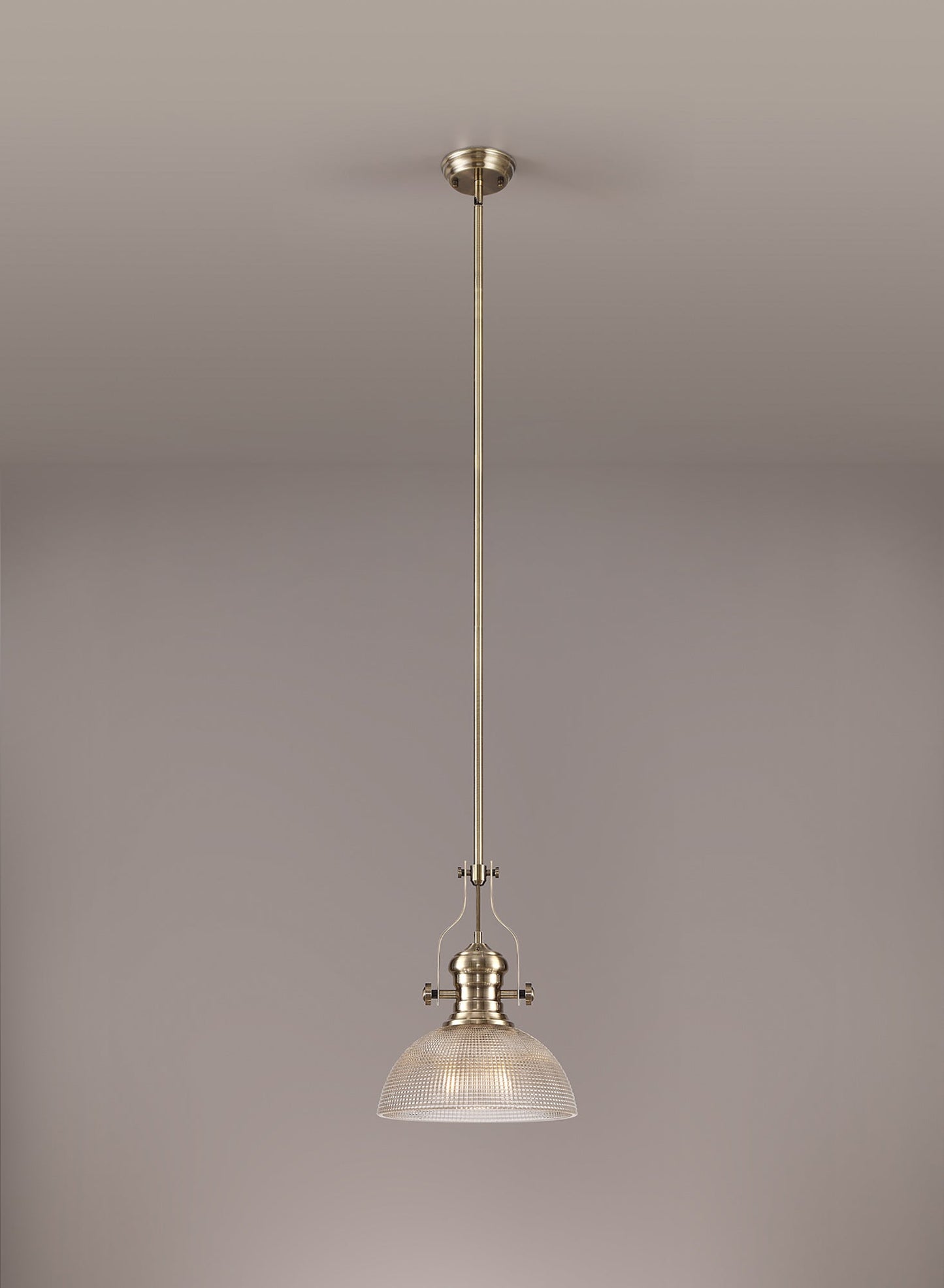 Stanley 1 Light Pendant E27 With 30cm Prismatic Glass Shade, Antique Brass and Clear