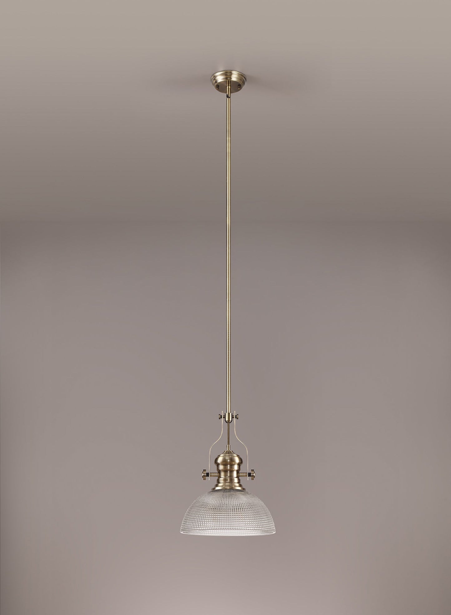 Stanley 1 Light Pendant E27 With 30cm Prismatic Glass Shade, Antique Brass and Clear
