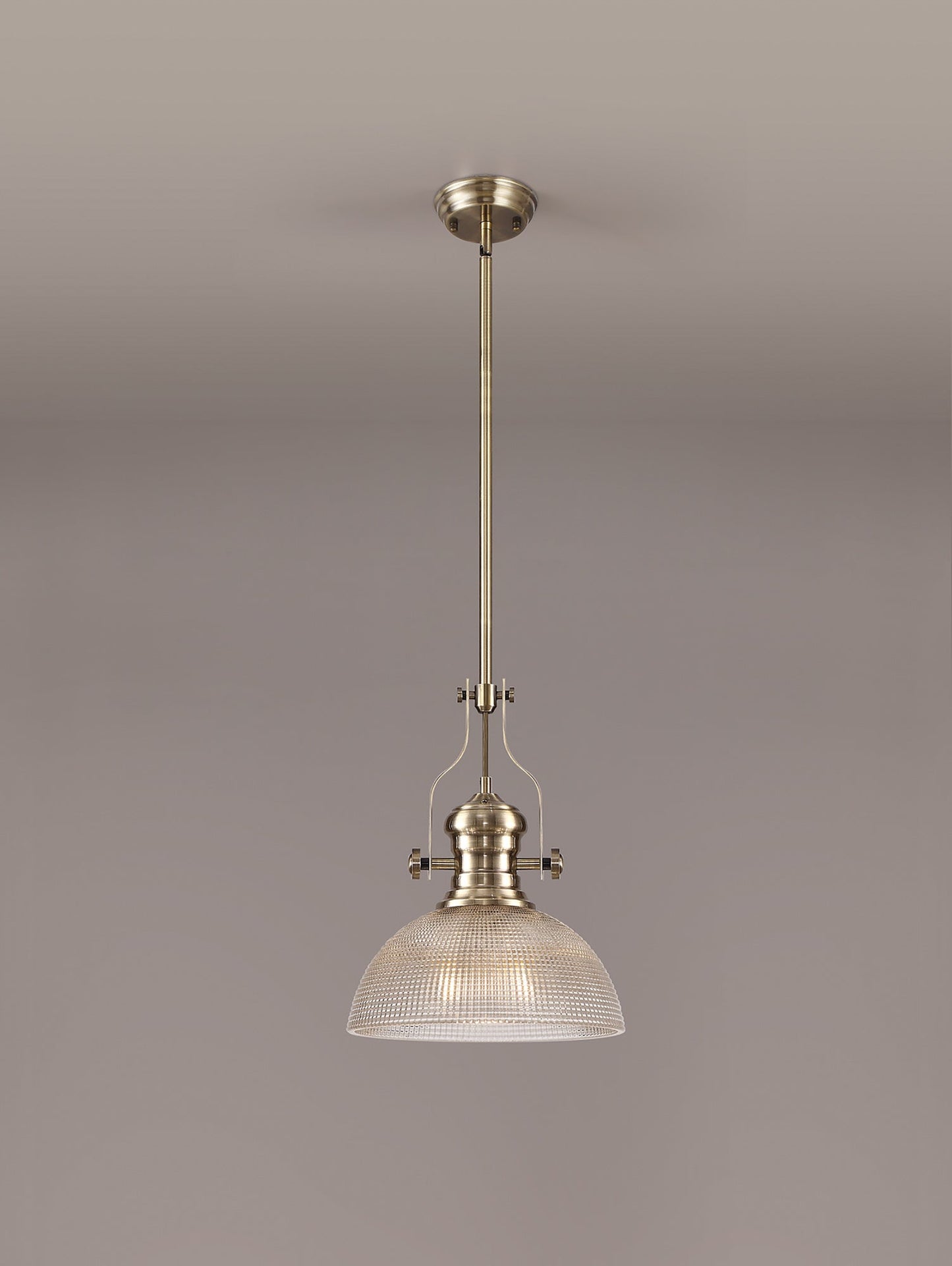 Stanley 1 Light Pendant E27 With 30cm Prismatic Glass Shade, Antique Brass and Clear