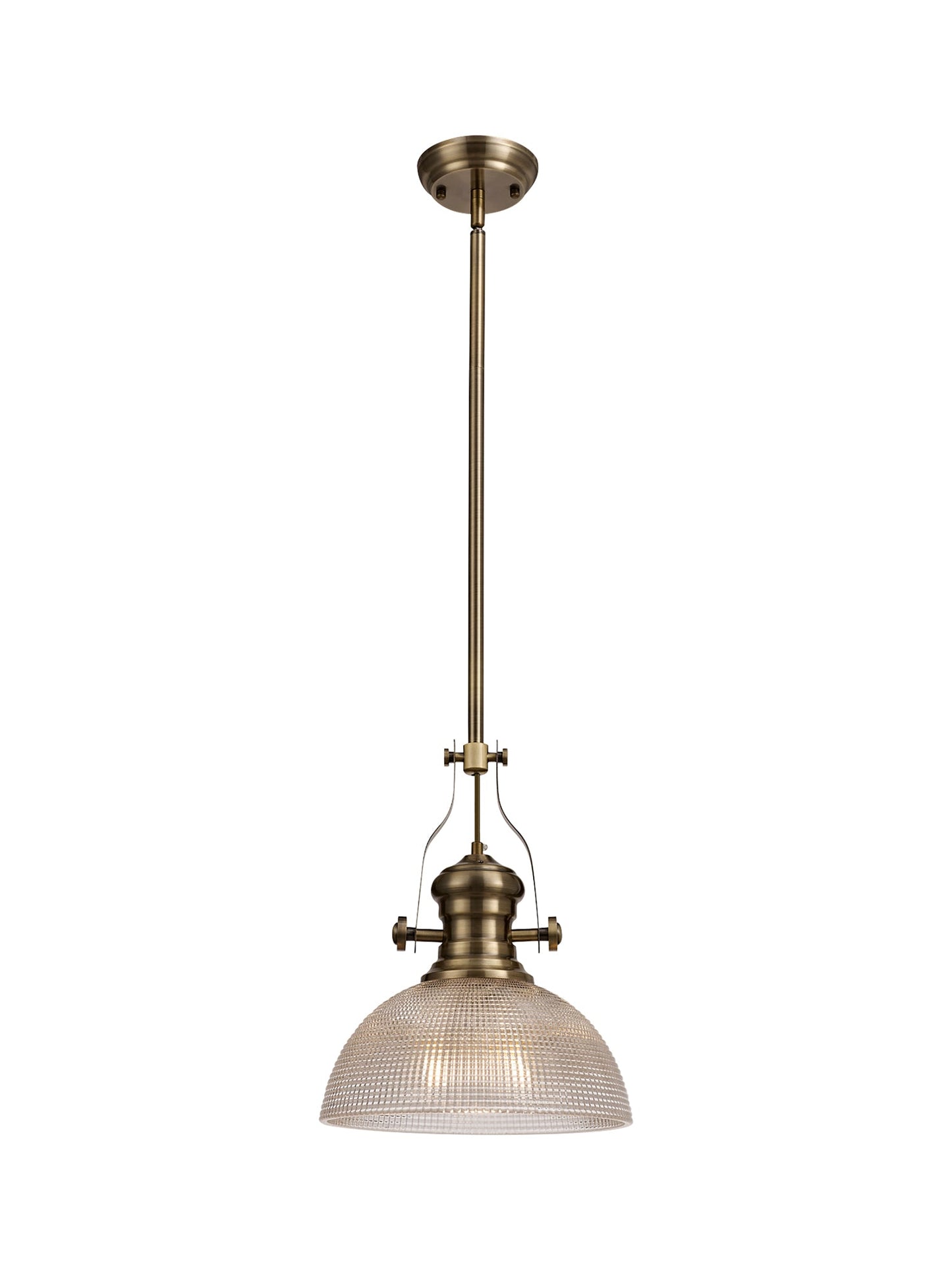 Stanley 1 Light Pendant E27 With 30cm Prismatic Glass Shade, Antique Brass and Clear