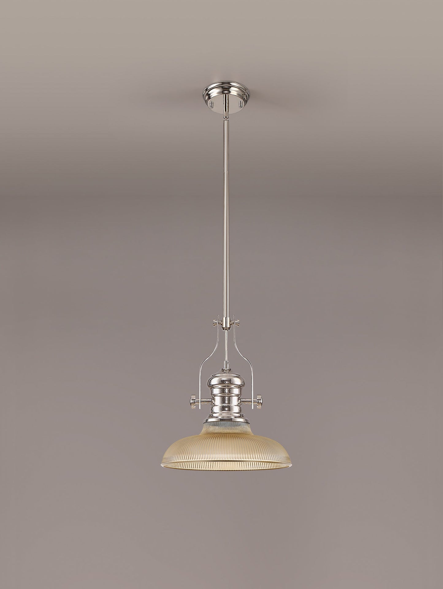 Stanley 1 Light Pendant E27 With 30cm Round Glass Shade, Polished Nickel and Amber
