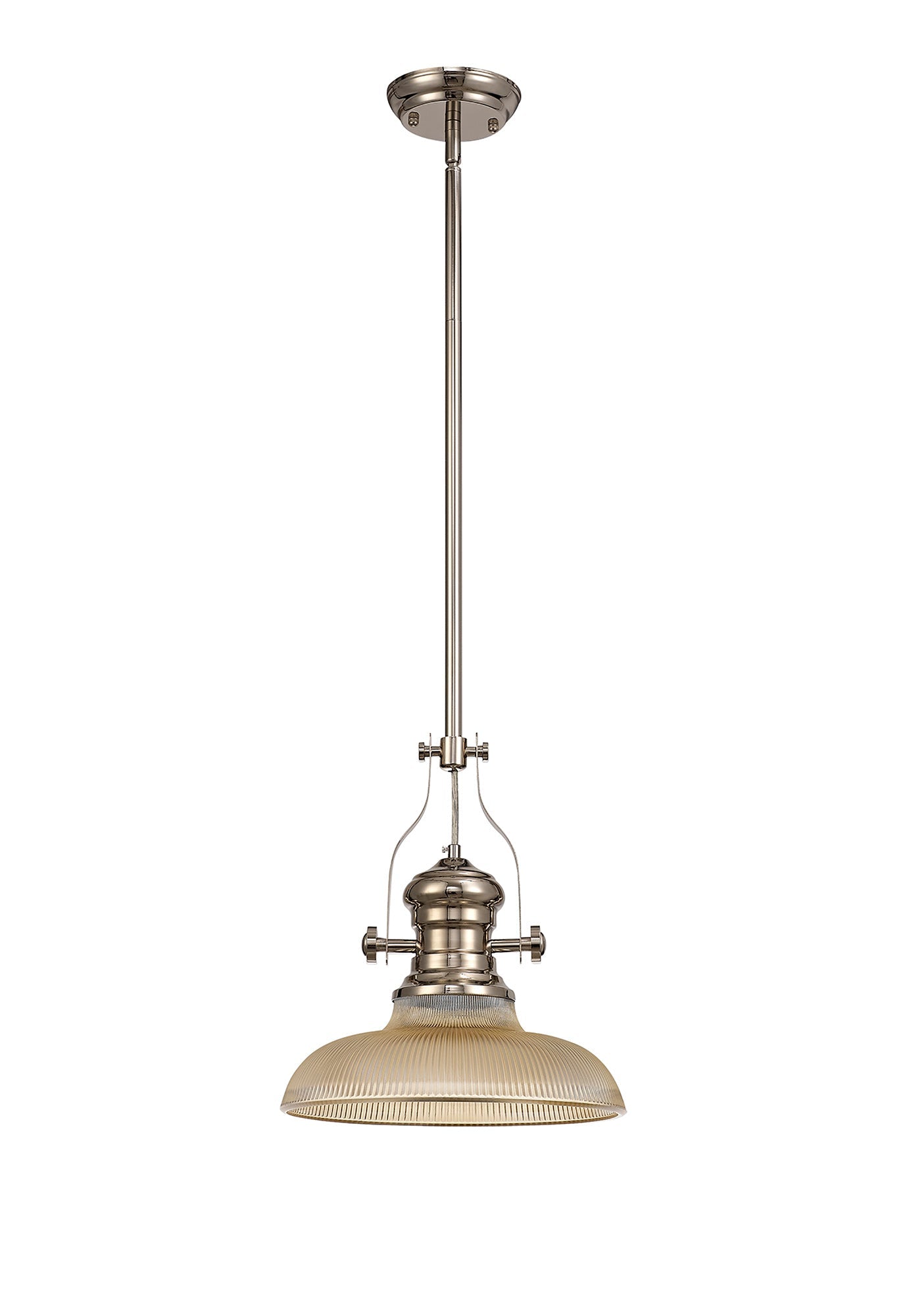 Stanley 1 Light Pendant E27 With 30cm Round Glass Shade, Polished Nickel and Amber