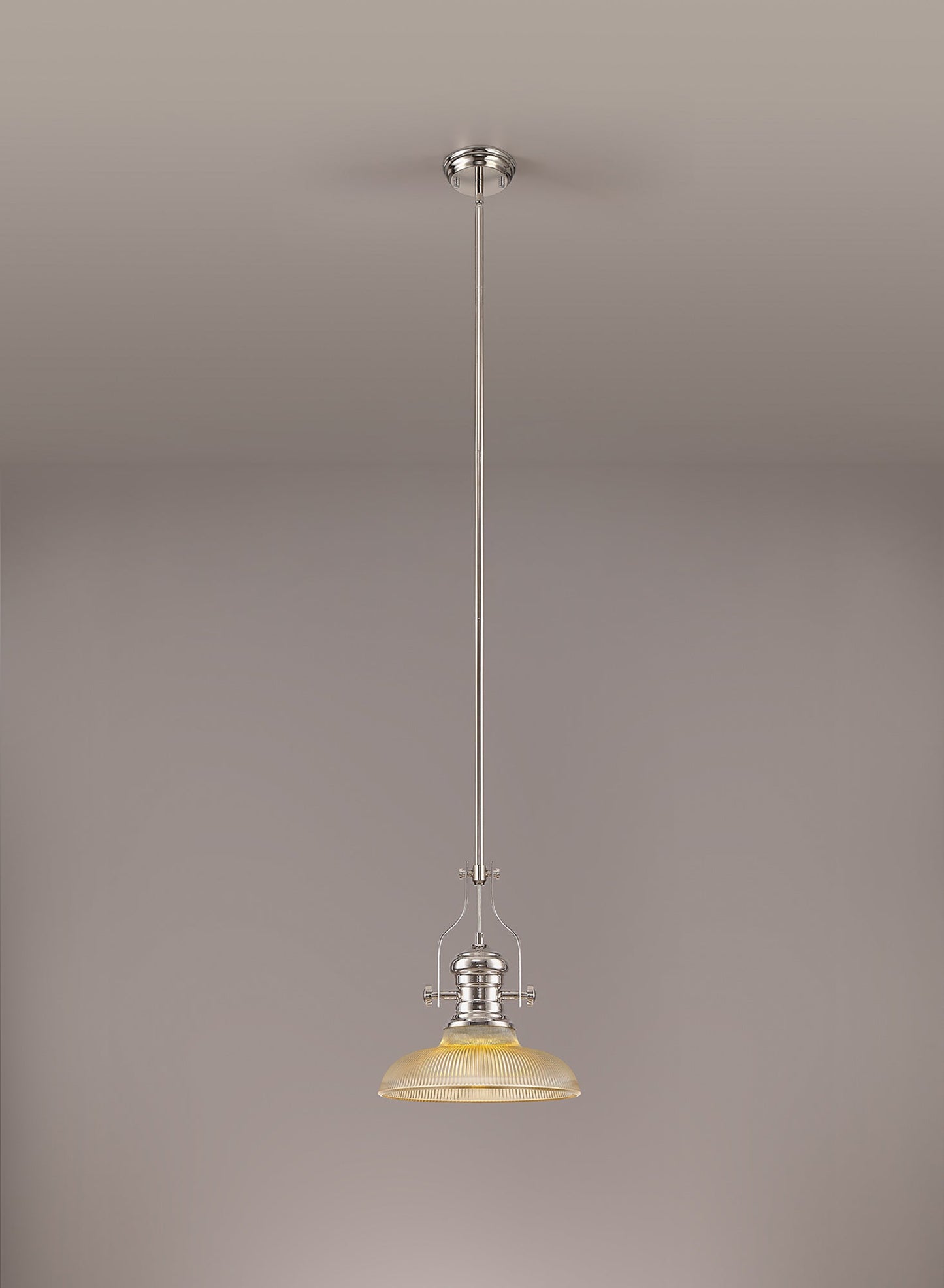 Stanley 1 Light Pendant E27 With 30cm Round Glass Shade, Polished Nickel and Amber