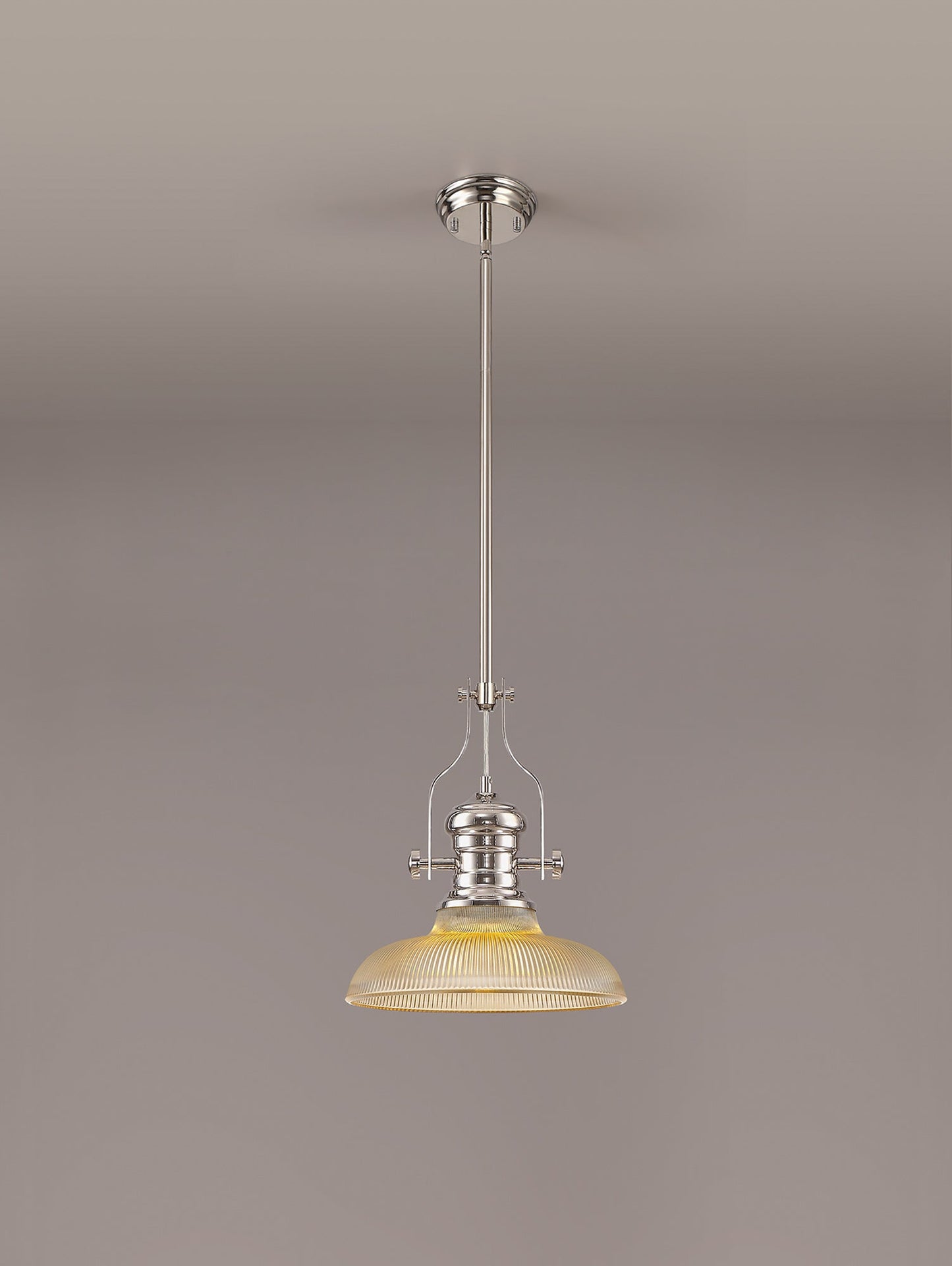 Stanley 1 Light Pendant E27 With 30cm Round Glass Shade, Polished Nickel and Amber