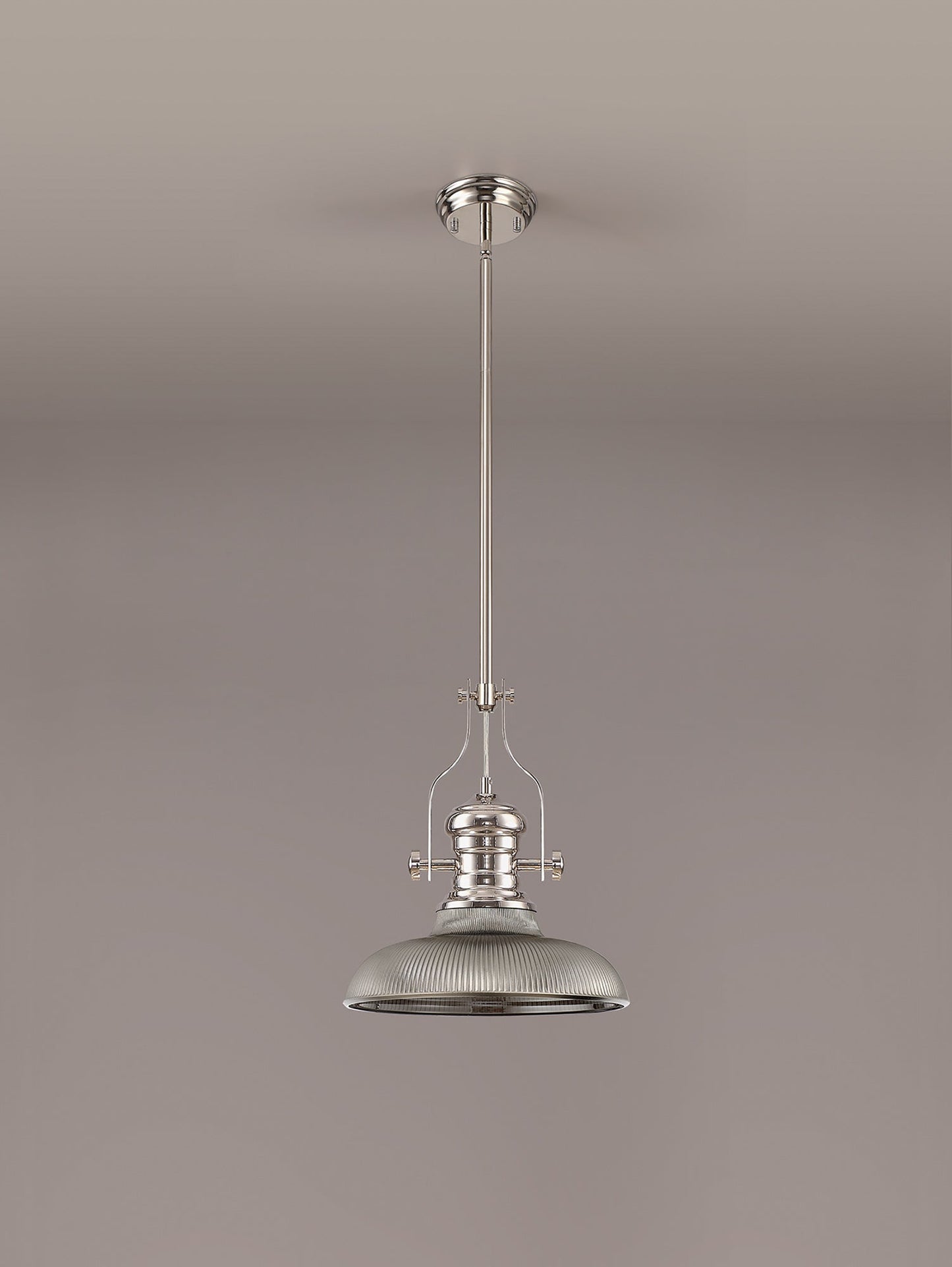 Stanley 1 Light Pendant E27 With 30cm Round Glass Shade, Polished Nickel and Smoked