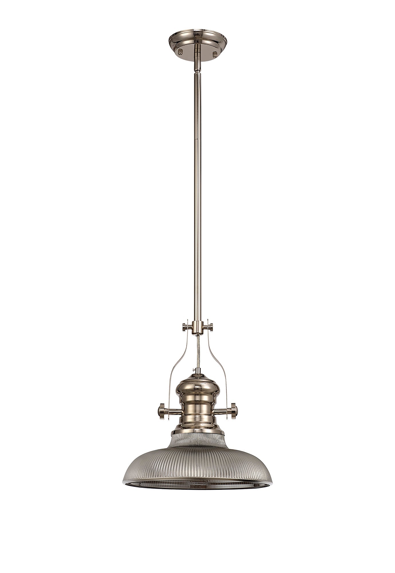 Stanley 1 Light Pendant E27 With 30cm Round Glass Shade, Polished Nickel and Smoked