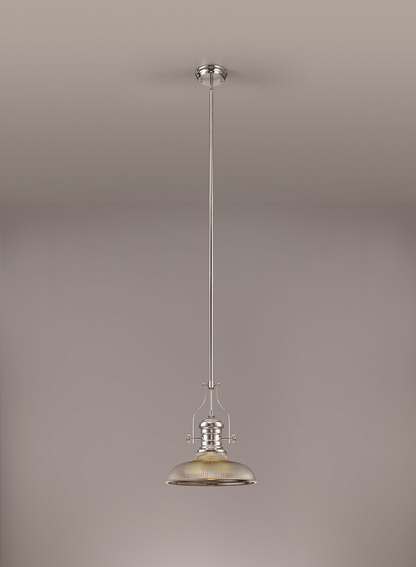 Stanley 1 Light Pendant E27 With 30cm Round Glass Shade, Polished Nickel and Smoked