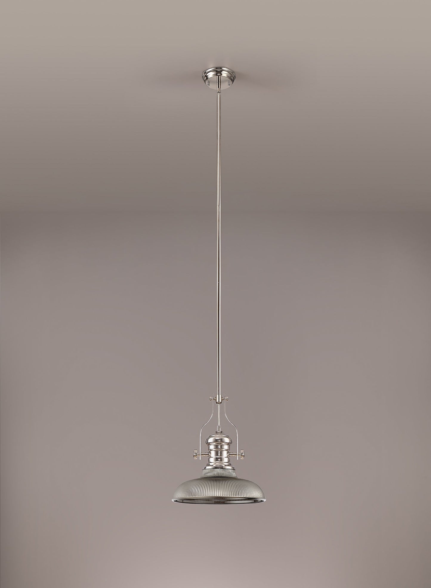 Stanley 1 Light Pendant E27 With 30cm Round Glass Shade, Polished Nickel and Smoked