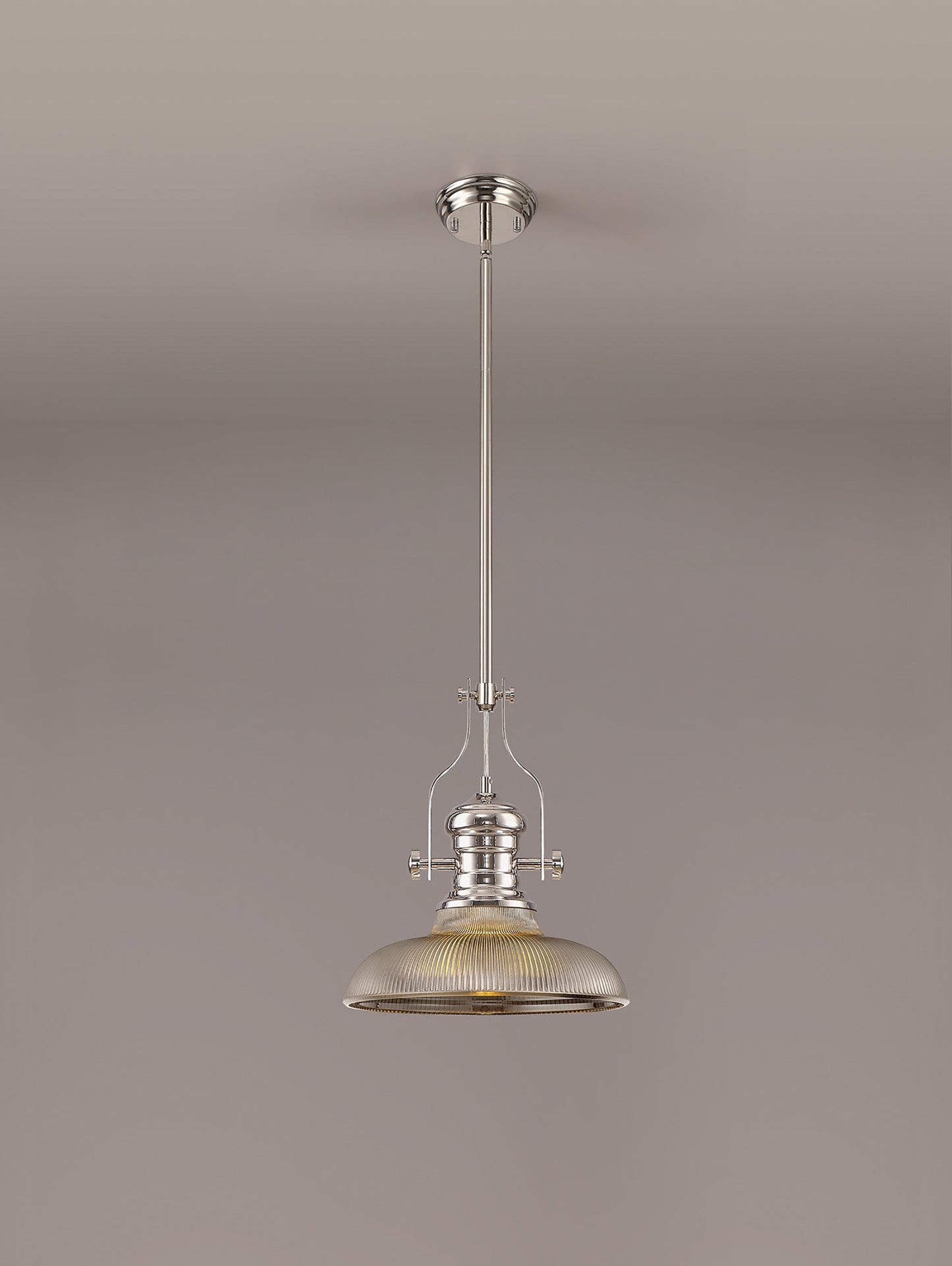 Stanley 1 Light Pendant E27 With 30cm Round Glass Shade, Polished Nickel and Smoked