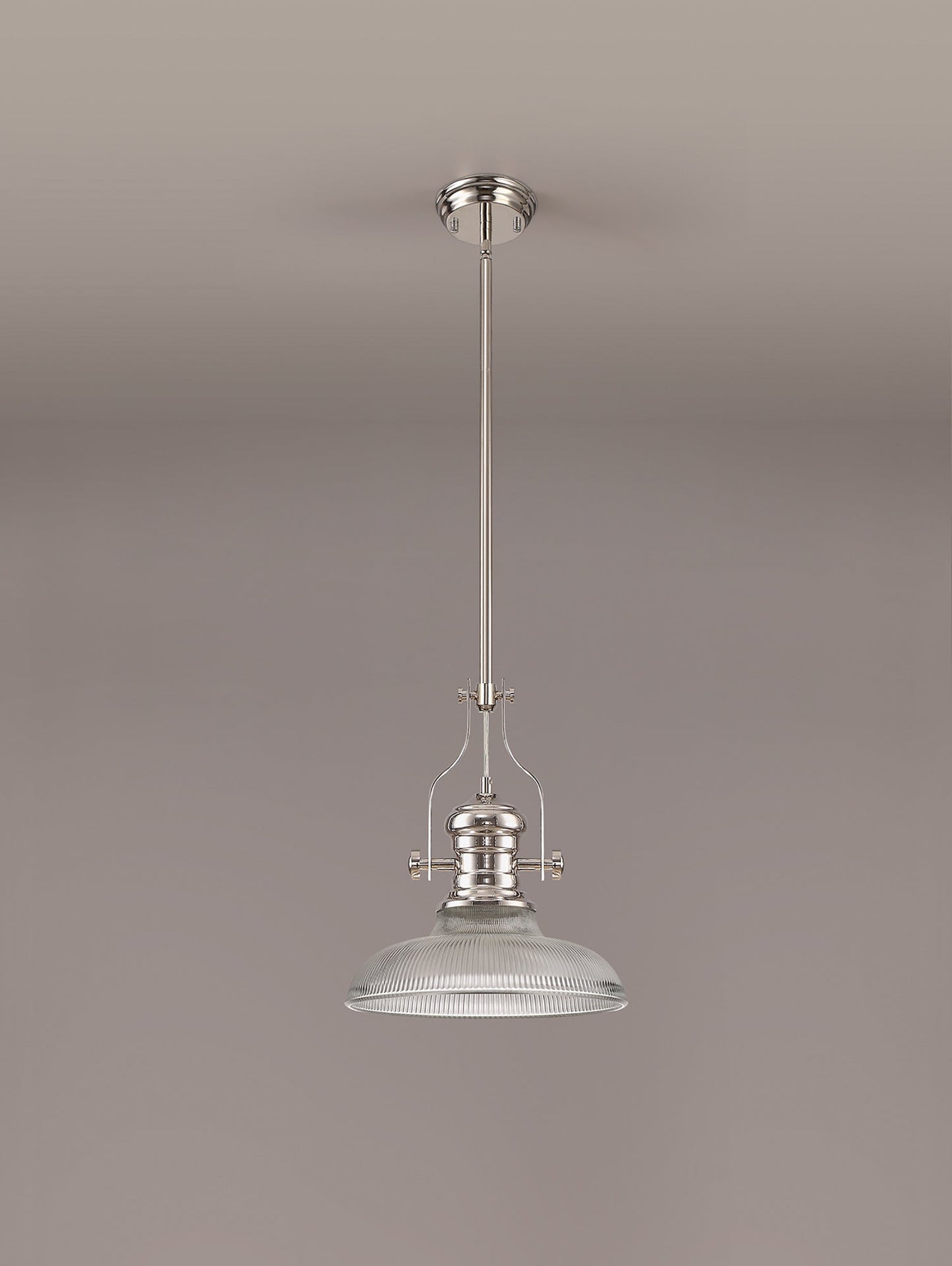 Stanley 1 Light Pendant E27 With 30cm Round Glass Shade, Polished Nickel and Clear