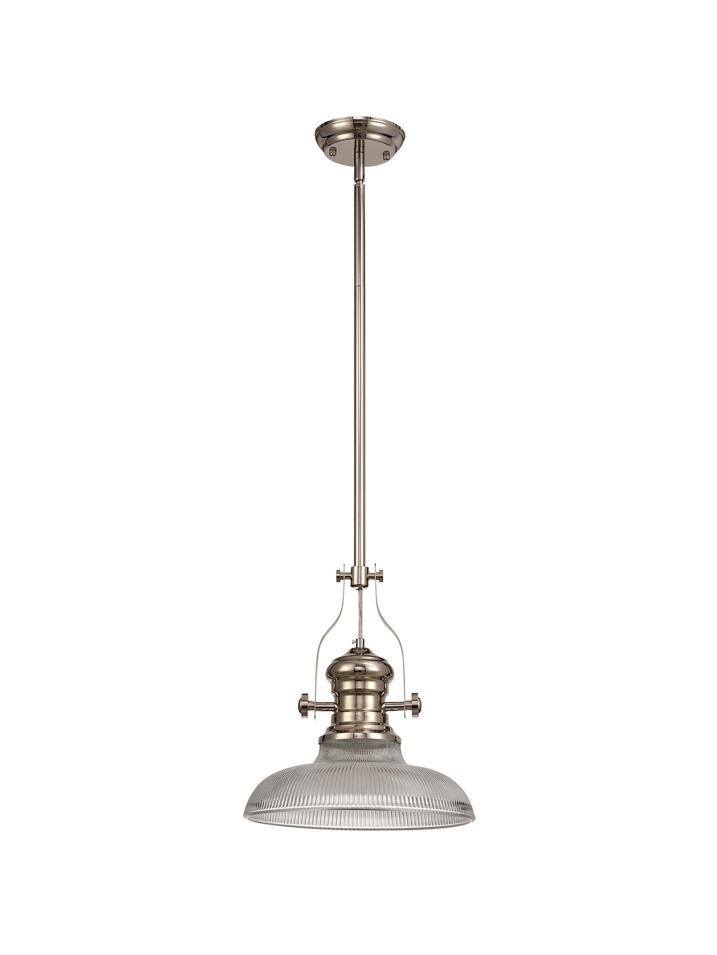 Stanley 1 Light Pendant E27 With 30cm Round Glass Shade, Polished Nickel and Clear