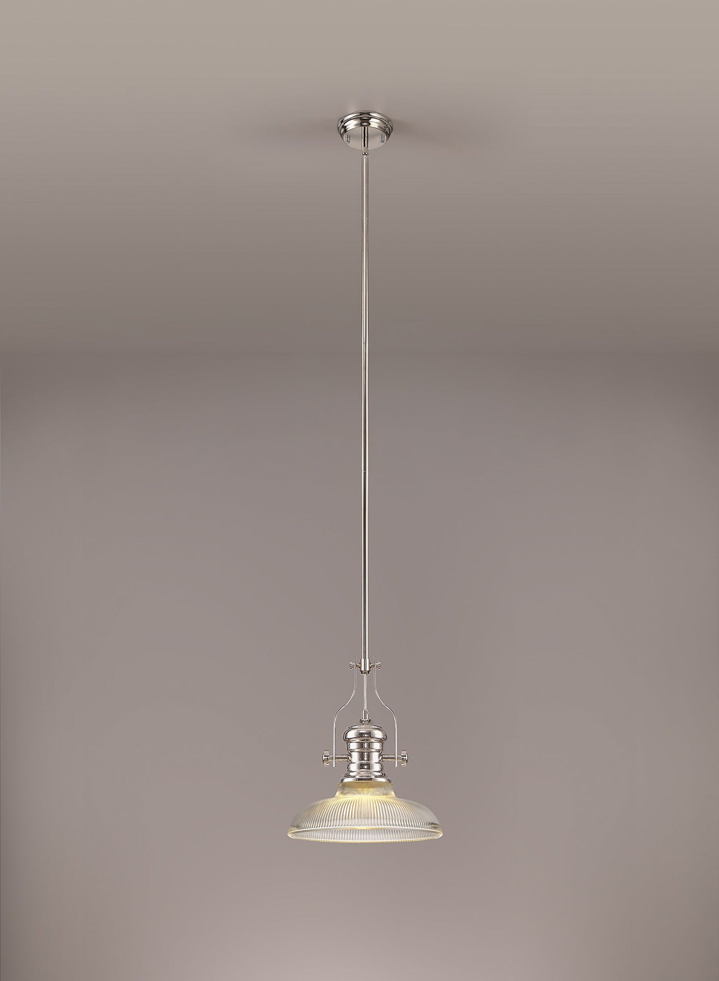 Stanley 1 Light Pendant E27 With 30cm Round Glass Shade, Polished Nickel and Clear