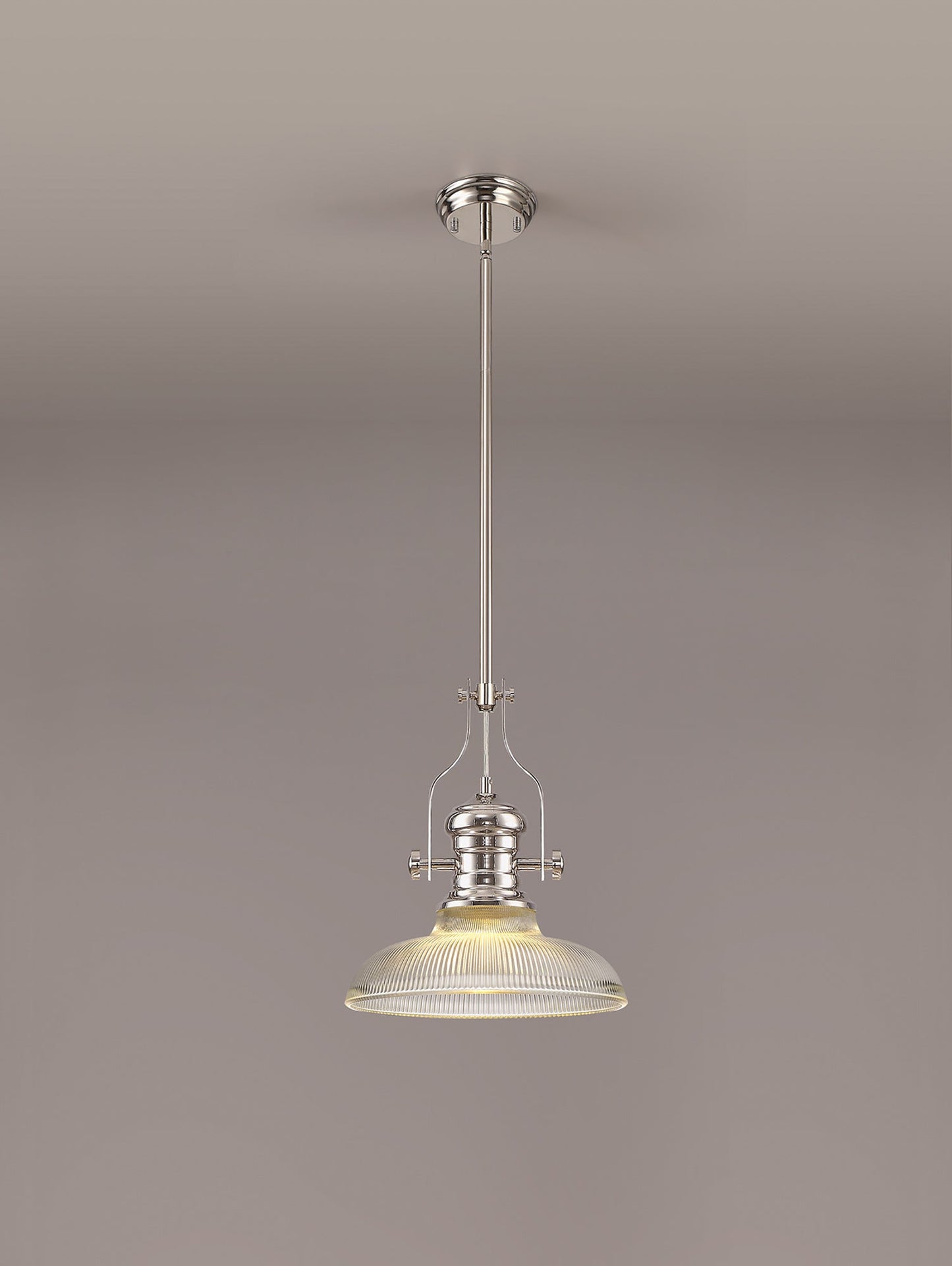 Stanley 1 Light Pendant E27 With 30cm Round Glass Shade, Polished Nickel and Clear
