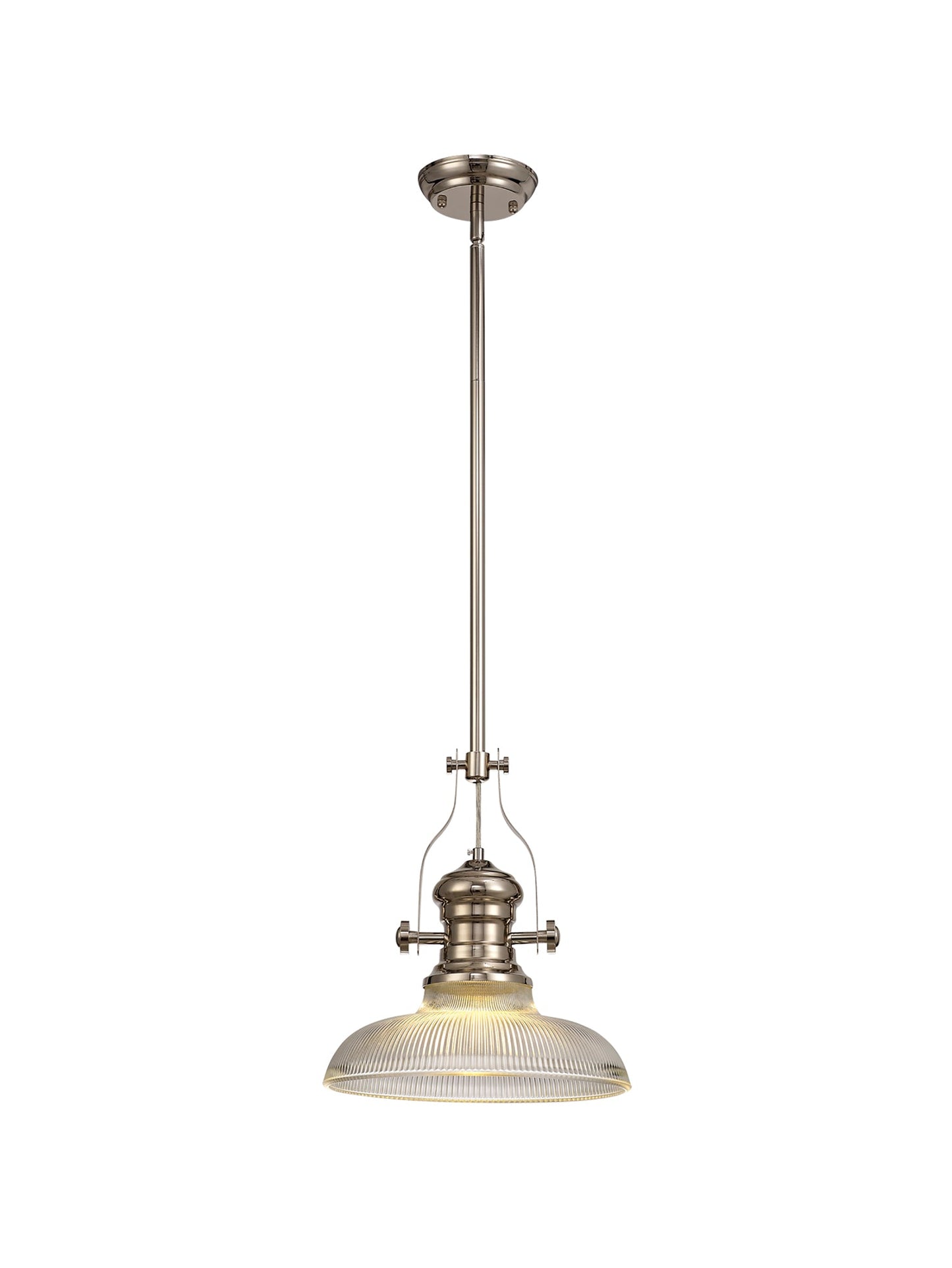 Stanley 1 Light Pendant E27 With 30cm Round Glass Shade, Polished Nickel and Clear
