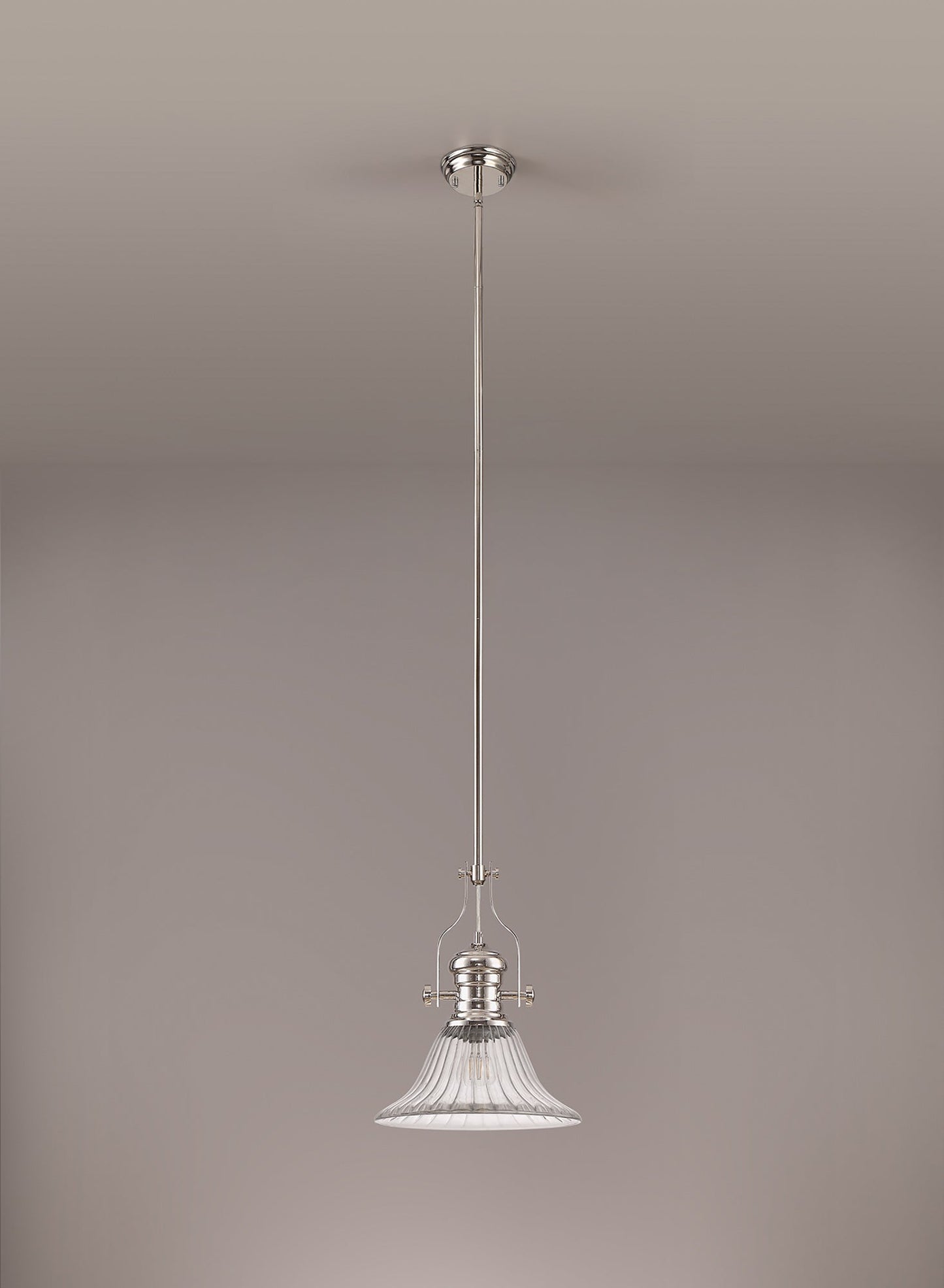 Stanley 1 Light Pendant E27 With 30cm Bell Glass Shade, Polished Nickel and Clear