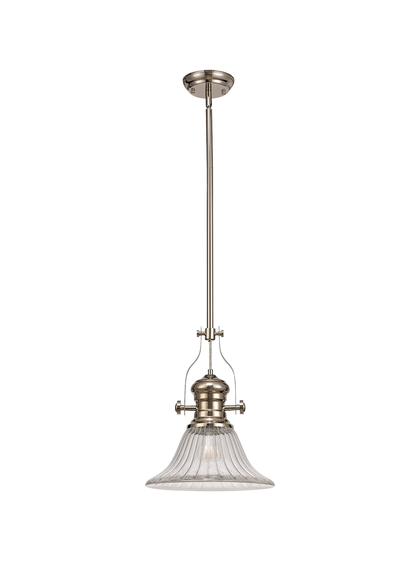 Stanley 1 Light Pendant E27 With 30cm Bell Glass Shade, Polished Nickel and Clear