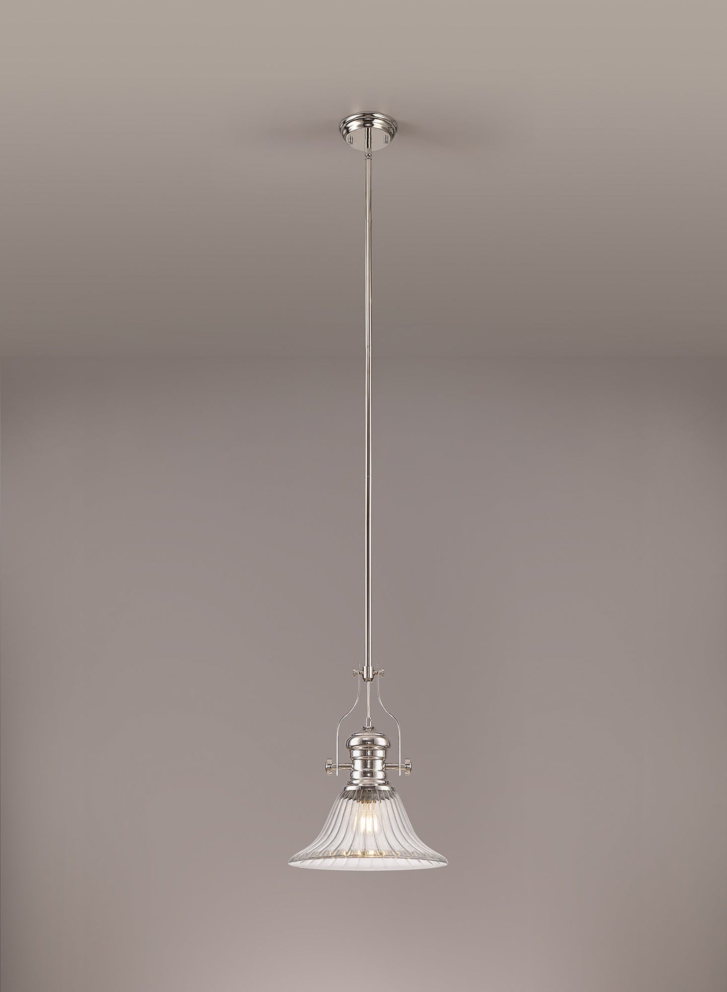 Stanley 1 Light Pendant E27 With 30cm Bell Glass Shade, Polished Nickel and Clear