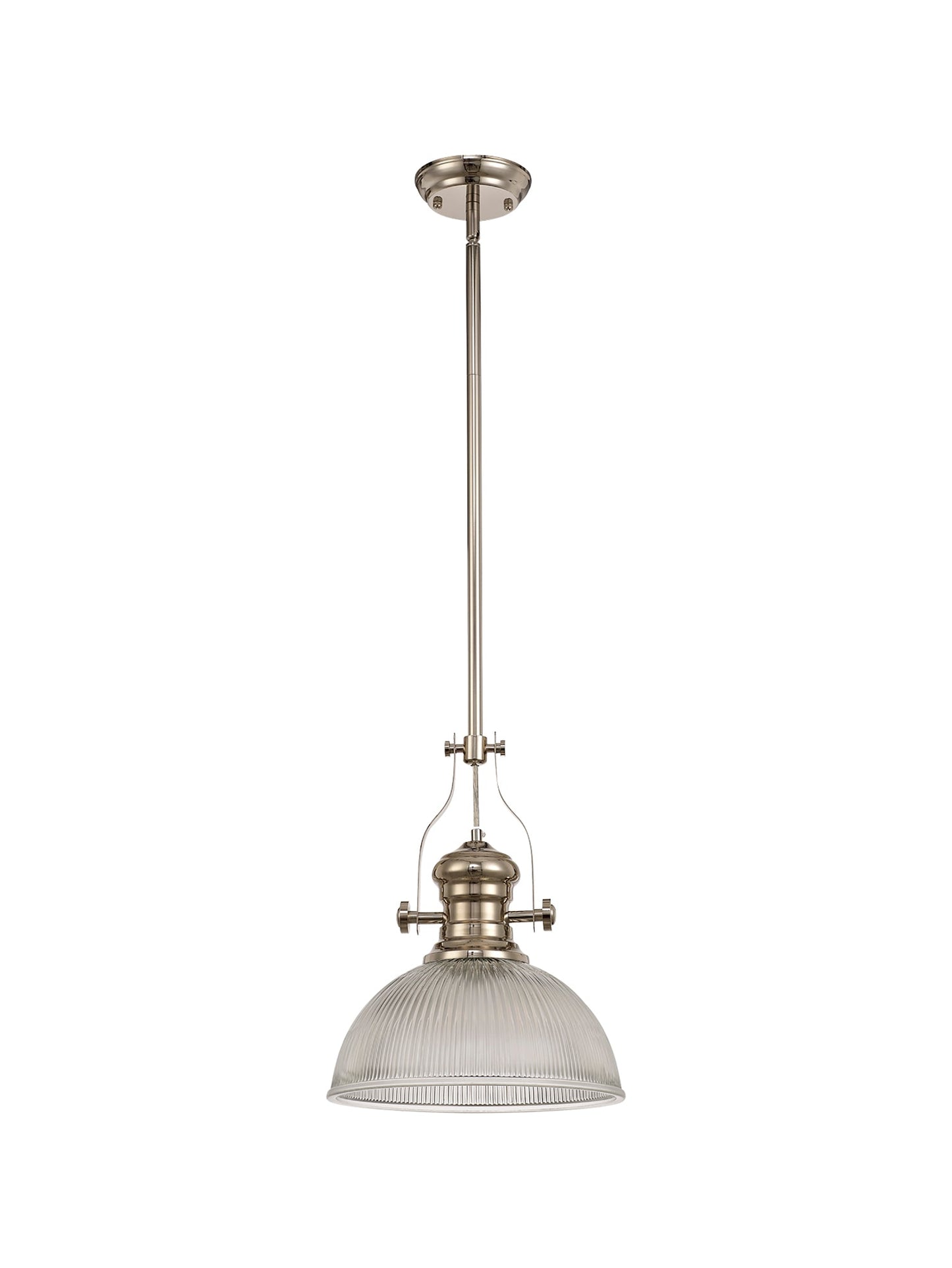 Stanley 1 Light Pendant E27 With 30cm Dome Glass Shade, Polished Nickel and Clear