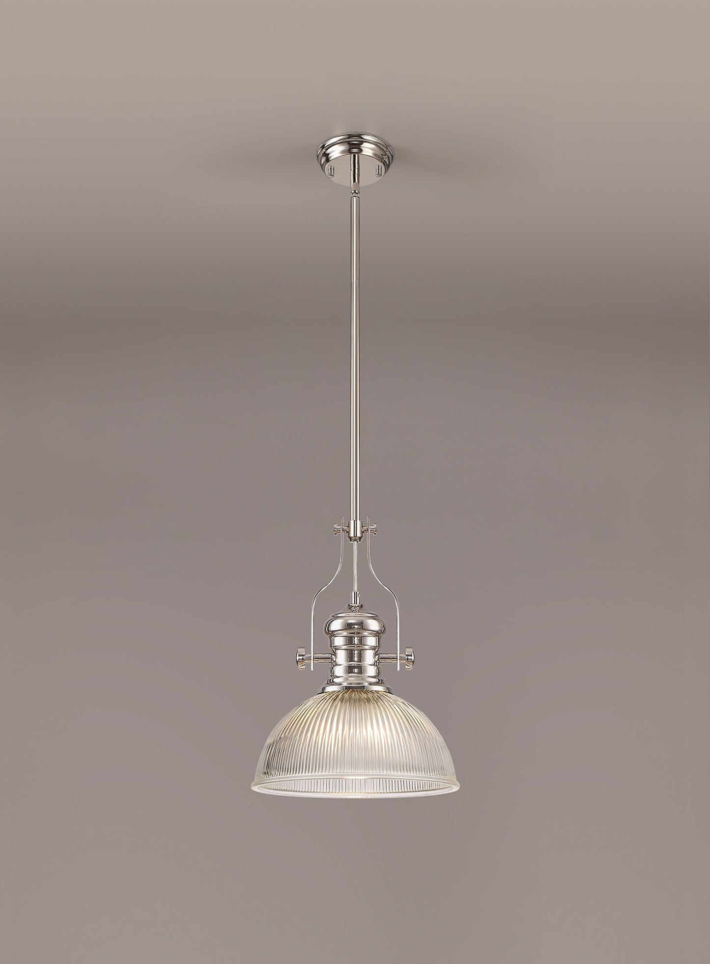 Stanley 1 Light Pendant E27 With 30cm Dome Glass Shade, Polished Nickel and Clear